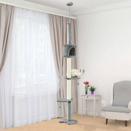 4-Tier Floor to Ceiling Cat Tree, Tall Cat Tower with Scratching Post, Plush Padding, Toy Ball, Cat Condo for Indoor Cats, Light Grey