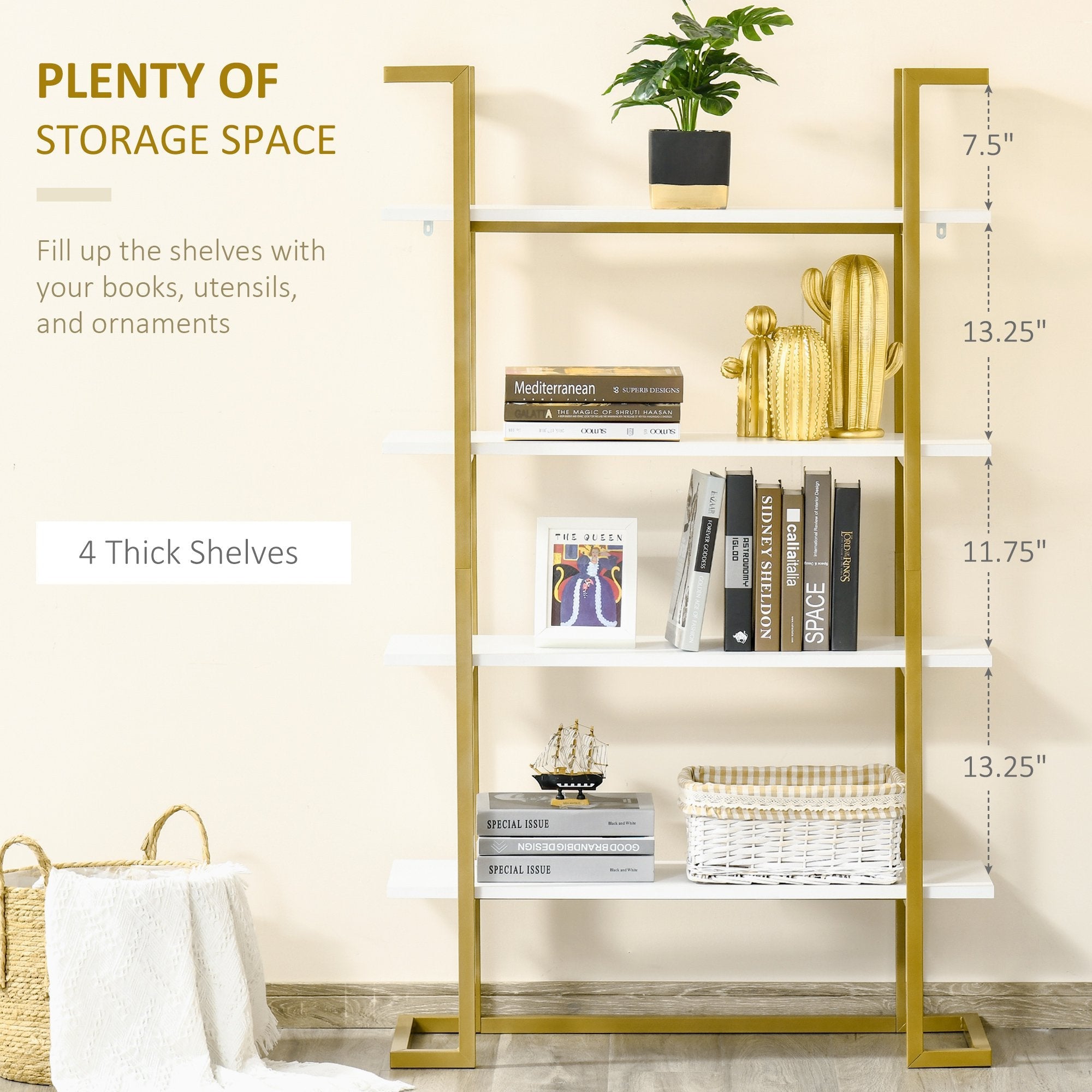 4-Tier Bookshelf, Bookcase Ladder Shelf with Stable Metal Frame, Tall Organizer Multifunctional Rack for Living Room, Bedroom, Kitchen, White and Gold Display Bookshelves   at Gallery Canada