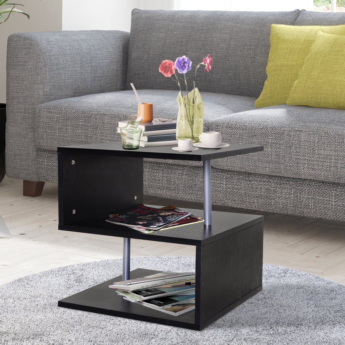 Wooden S Shape End Table 3 Tier Storage Shelves Organizer Living Room Side Table Desk Black Side Tables   at Gallery Canada