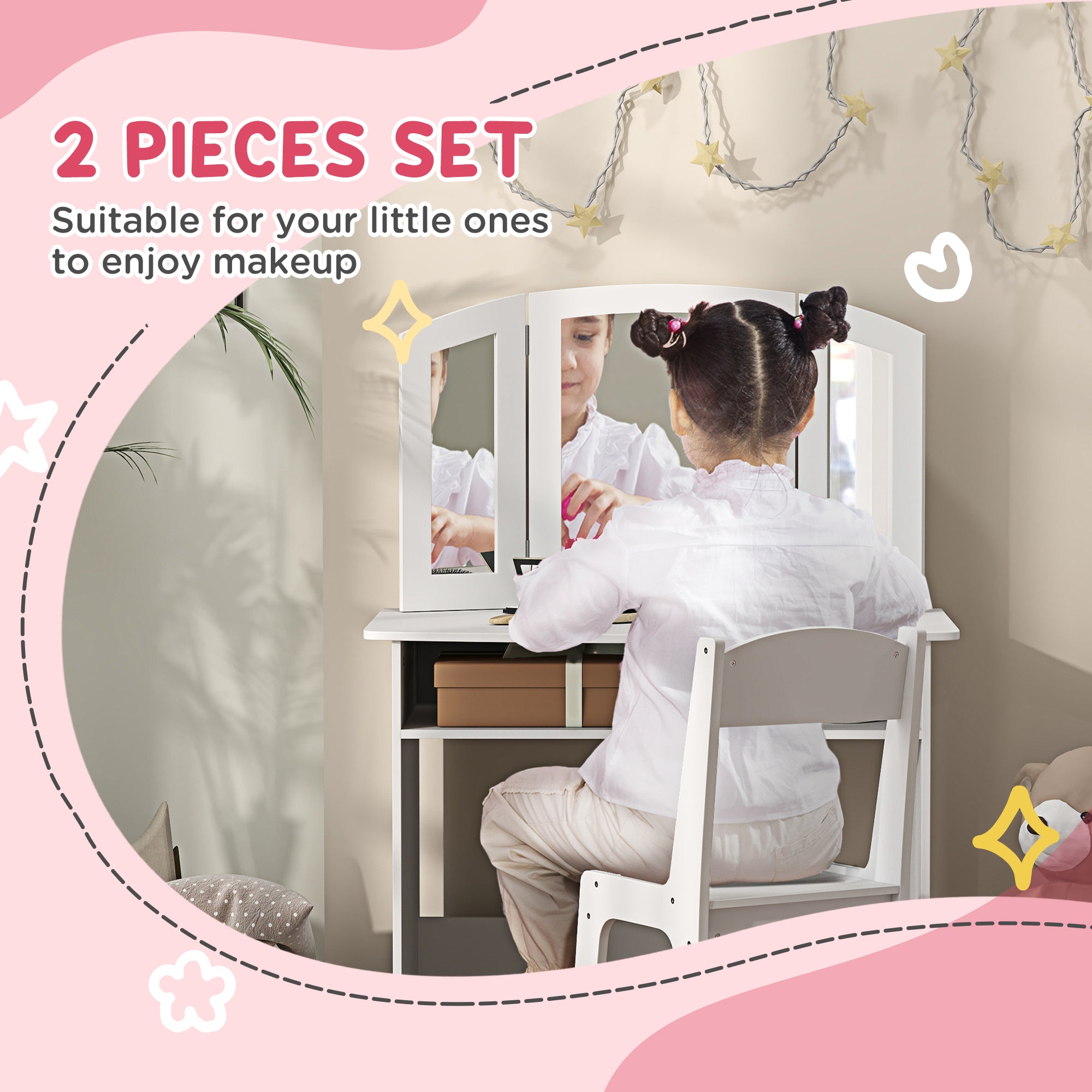 2 in 1 Kids Vanity Set Makeup Dressing Table Pretend Play Set with Tri-Folding Mirror, Stool, Storage Shelf Toy Vanity at Gallery Canada