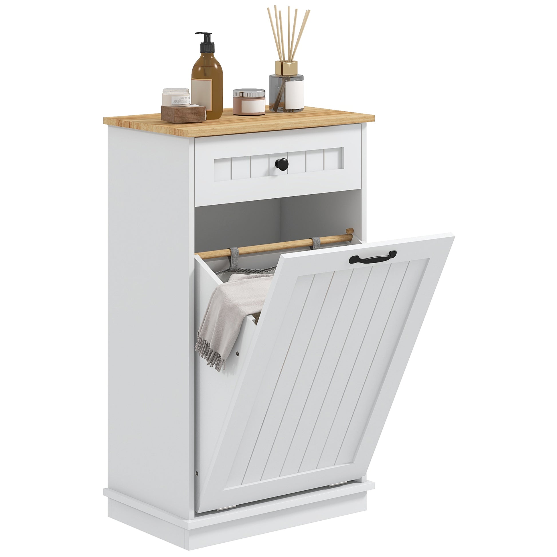 Modern Bathroom Storage Cabinet with Hamper, Fabric Basket and Drawer for Washroom, Laundry Room, White Bathroom Cabinets   at Gallery Canada