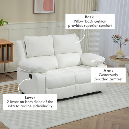 PU Leather Manual Recliner Sofa, Double Reclining Loveseat with Pullback Control Footrest for Living Room, White 2-Seater Sofas at Gallery Canada