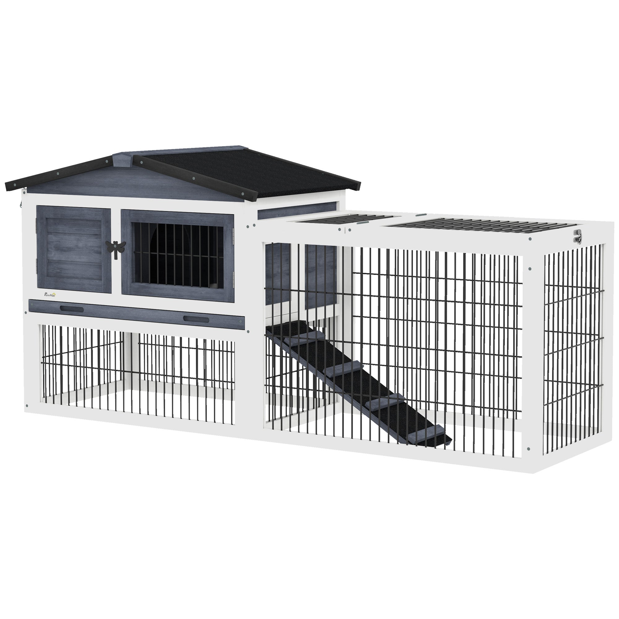 Wood Rabbit Hutch w/ Ramp, Openable Roof, Pull-out Tray, Dark Grey Rabbit Hutch at Gallery Canada