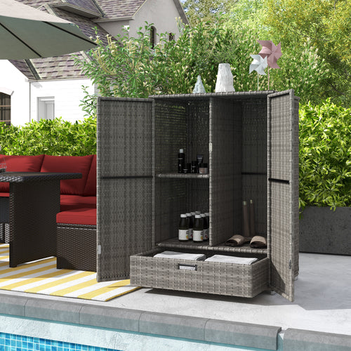 Wicker Outdoor Storage Cabinet, 2-Door Rattan Pool Towel Storage Cabinet with Drawer &; Removable Shelf, Dark Grey