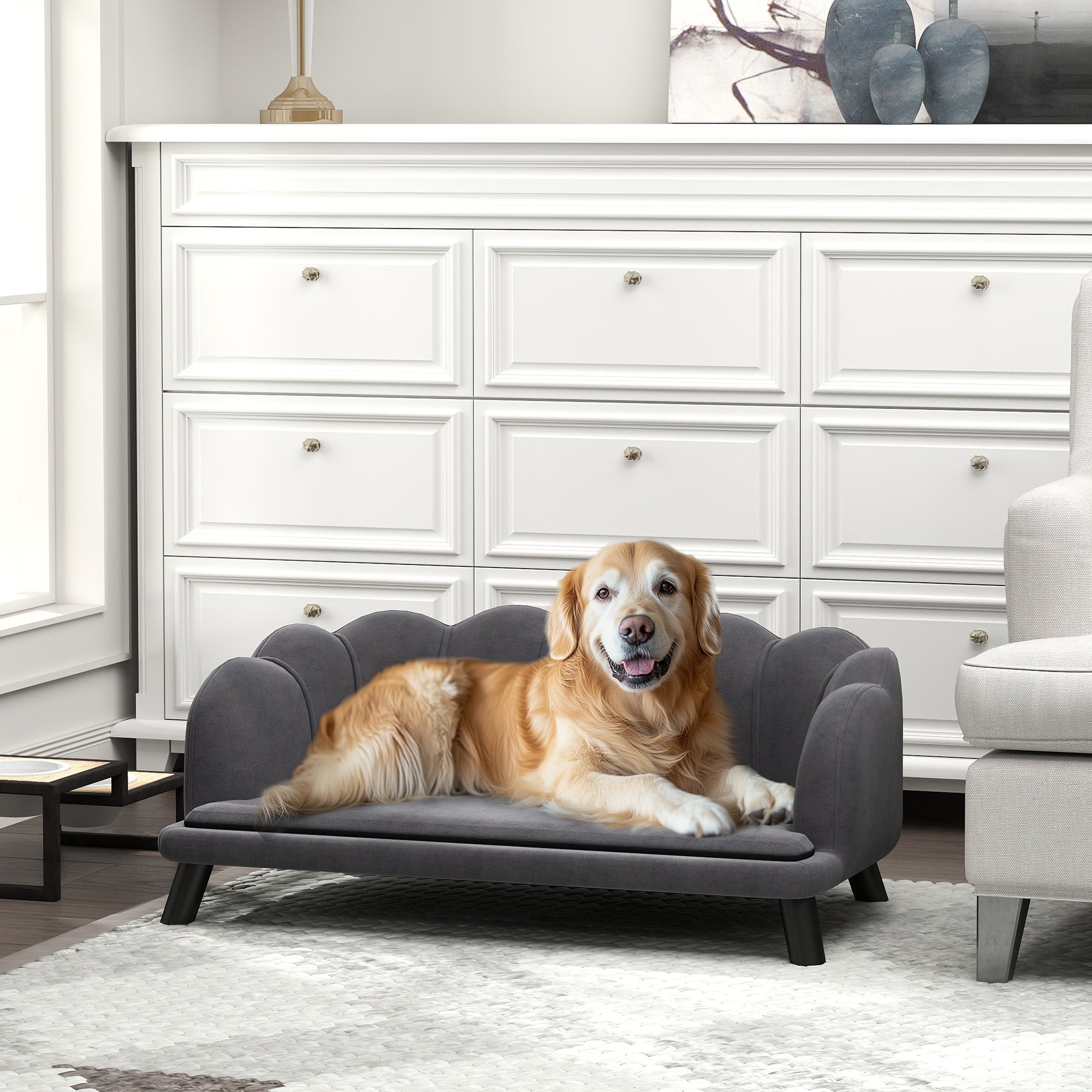 Dog Sofa with Removable Cushion Wood Legs for Medium and Large Dogs, Dark Grey Dog Sofas at Gallery Canada