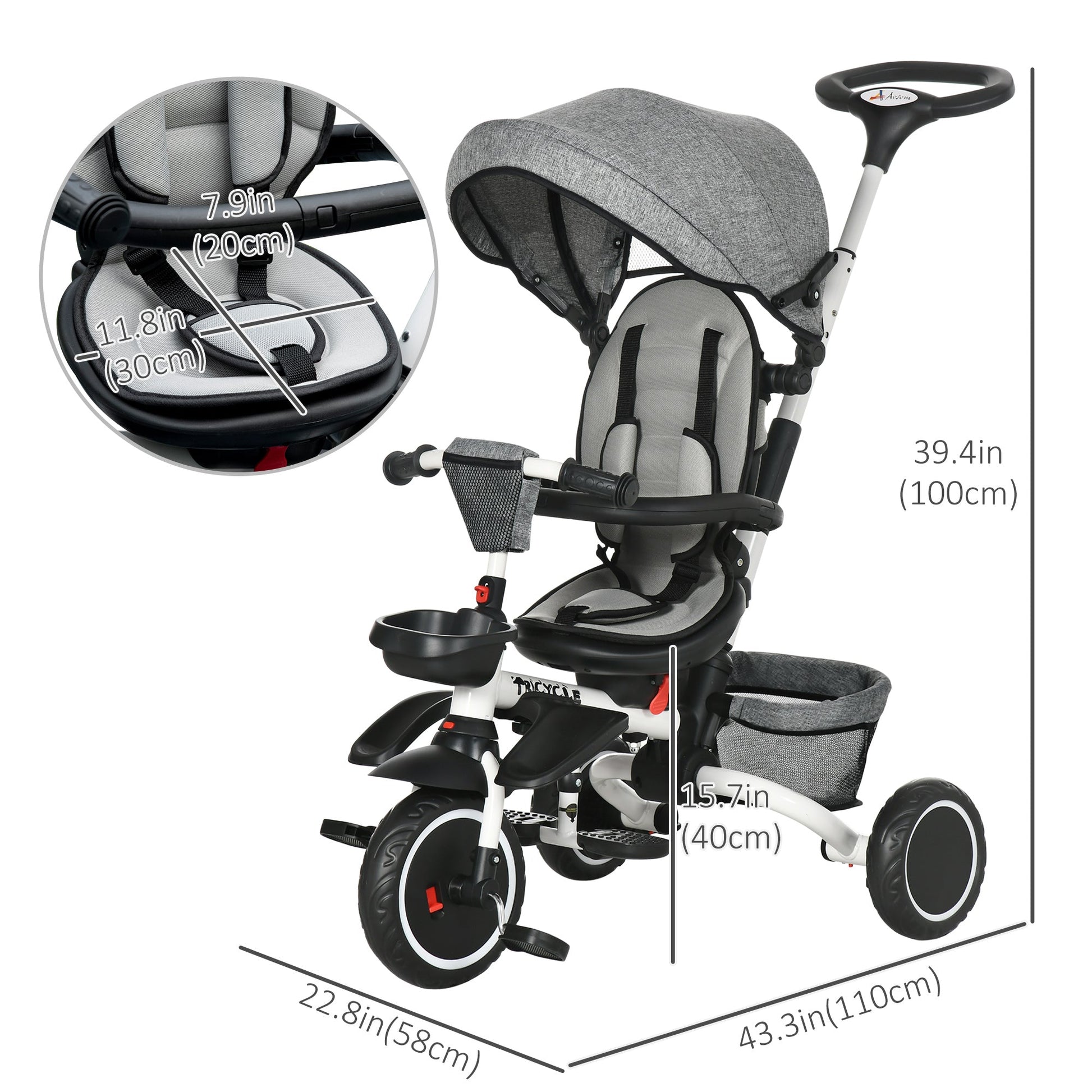 6-in-1 Toddler Tricycle for 12-50 Months, Foldable Kids Trike with Adjustable Seat and Push Handle, Safety Harness, Removable Canopy, Footrest, Grey Tricycles for Kids   at Gallery Canada