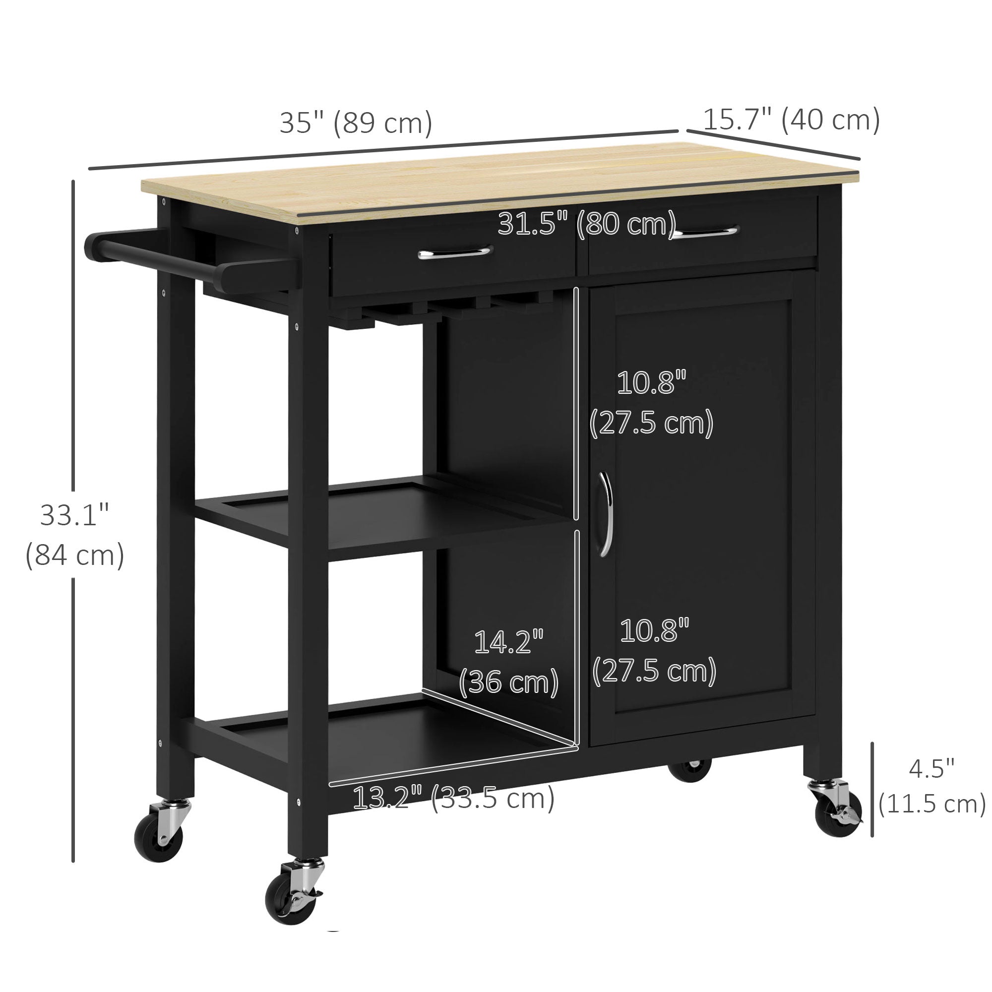 Kitchen Storage Trolley Cart Serving Cart 2 Drawers Wine Glass Rack Towel Rail Kitchen Islands & Kitchen Carts at Gallery Canada