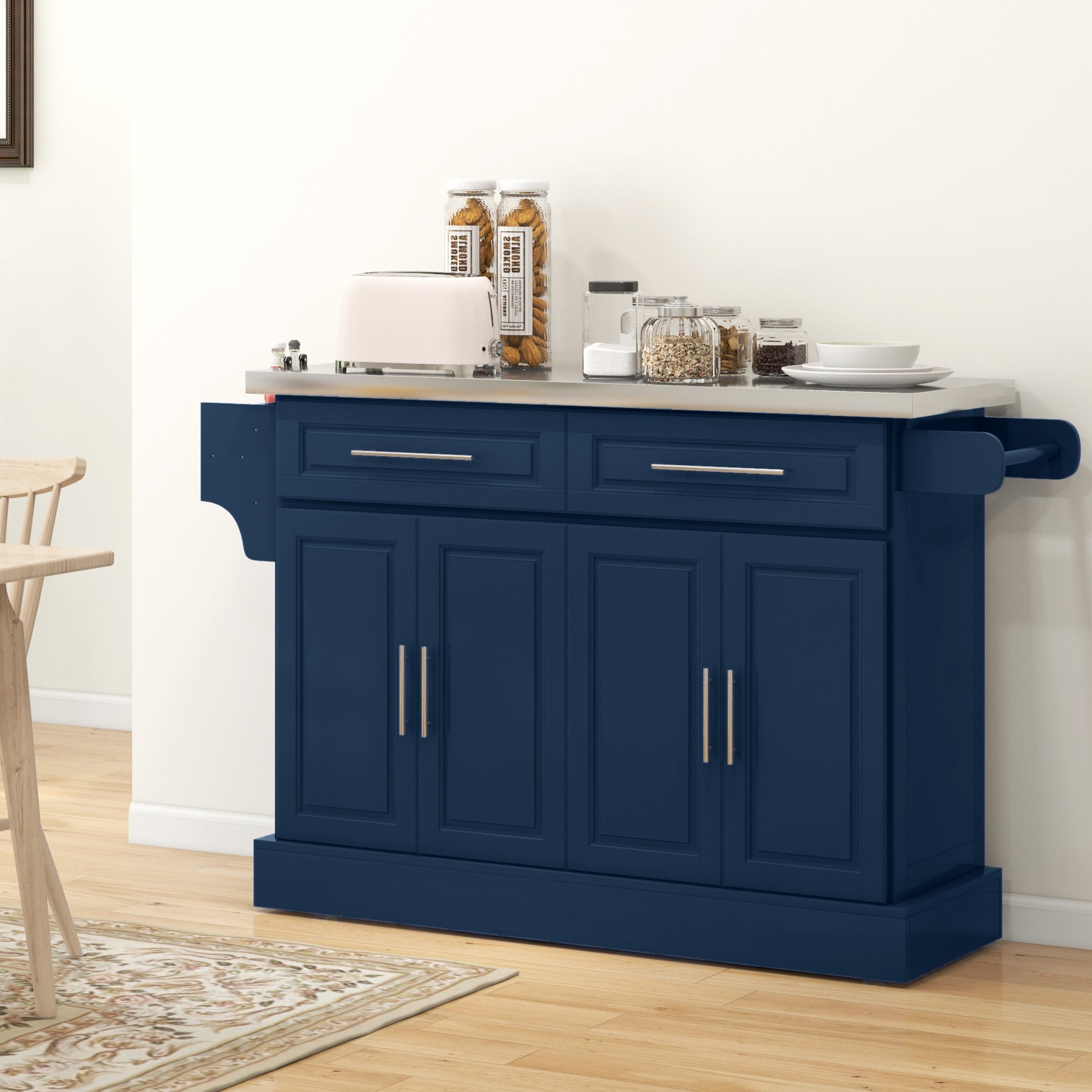 Rolling Kitchen Island with Storage and Stainless Steel Top, Kitchen Trolley with Drawers, Cabinets, Towel Rack, Blue Kitchen Islands & Kitchen Carts at Gallery Canada