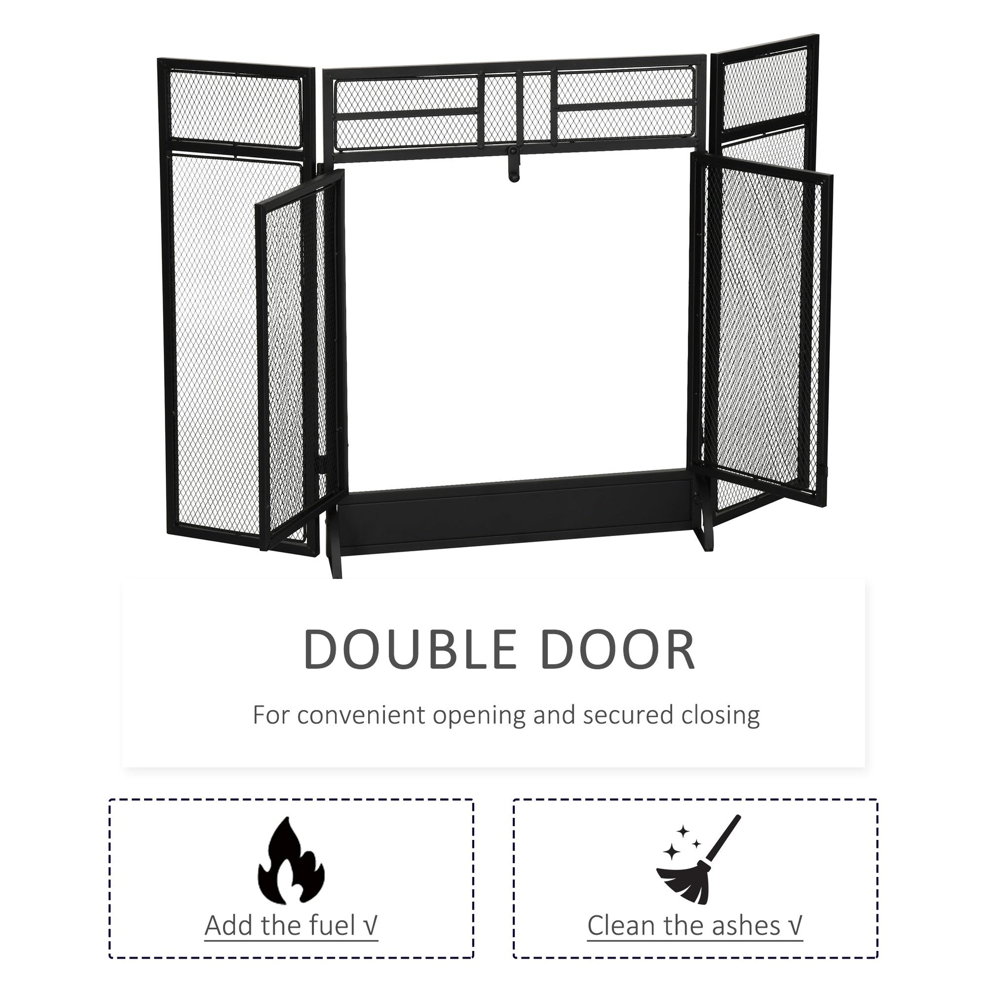 3-Panel Steel Mesh Fireplace Screen, Decorative Fire Spark Guard Cover with Double Doors, 47x31in, Black Fireplace Screens   at Gallery Canada