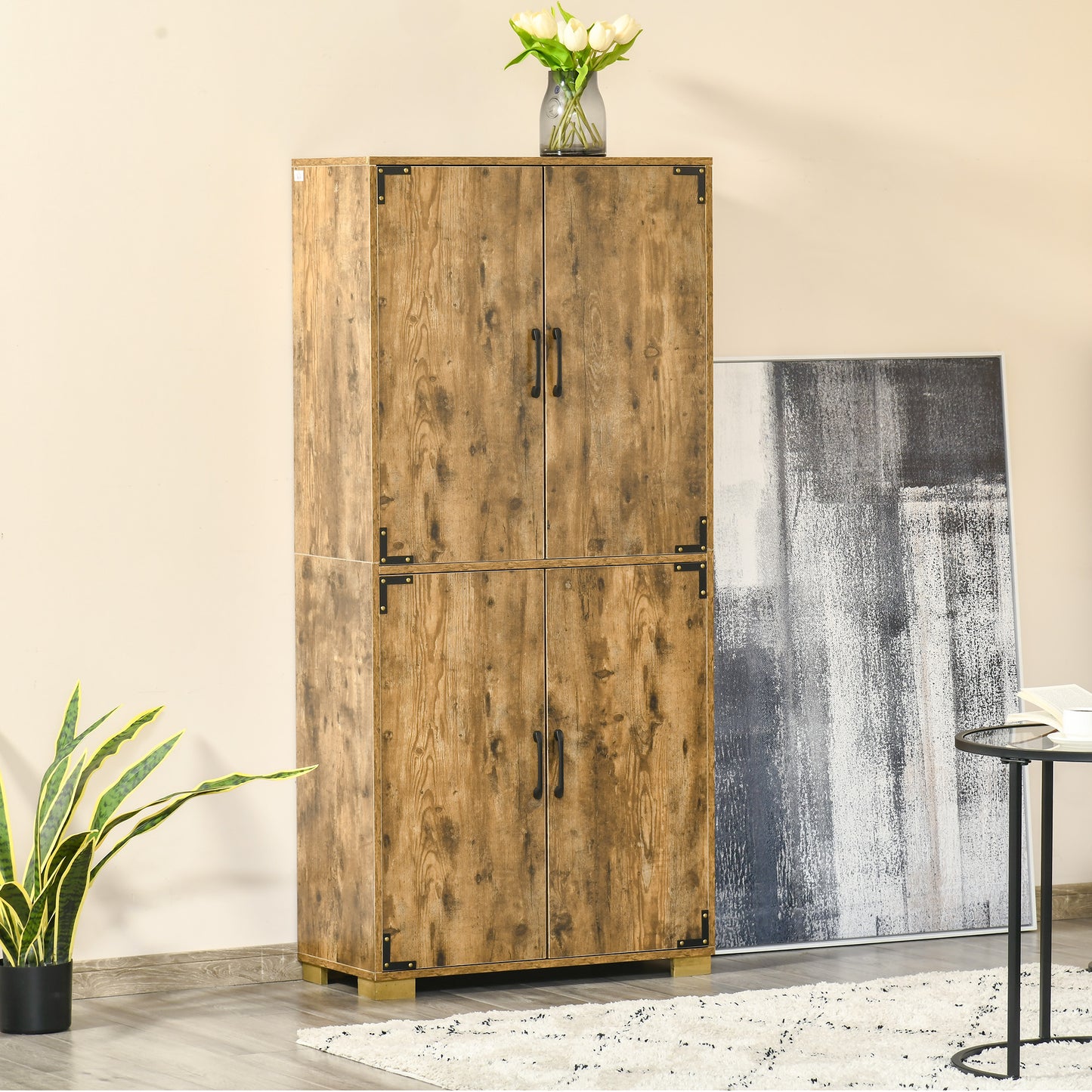 Farmhouse Kitchen Pantry Storage Cabinet with 4 Doors, Kitchen Cabinet with Shelves, Rustic Brown Storage Cabinets Rustic Brown  at Gallery Canada