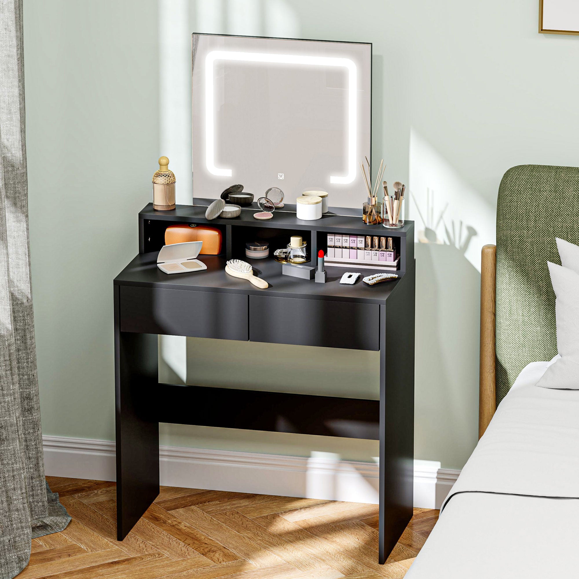 Makeup Vanity Desk with Mirror and LED Lights, for Bedroom, Modern Dressing Table with Drawers, Compartments, Black Dressing & Vanity Tables   at Gallery Canada