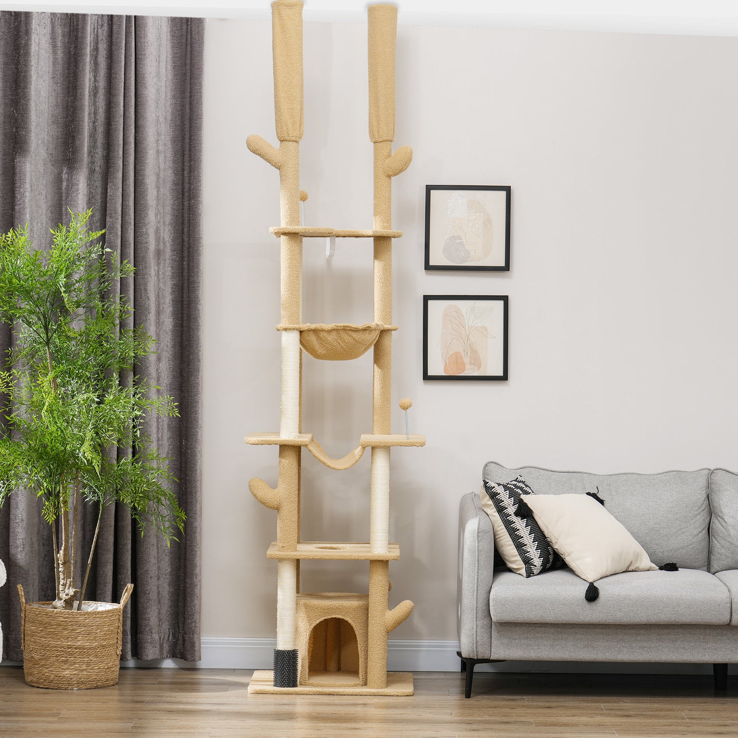 89"-100" Floor to Ceiling Cat Tree Cat Tower for Large Cats w/ Scratching Posts, Grooming Brush Post, Cat Condo, Brown Floor to Ceiling Cat Trees   at Gallery Canada