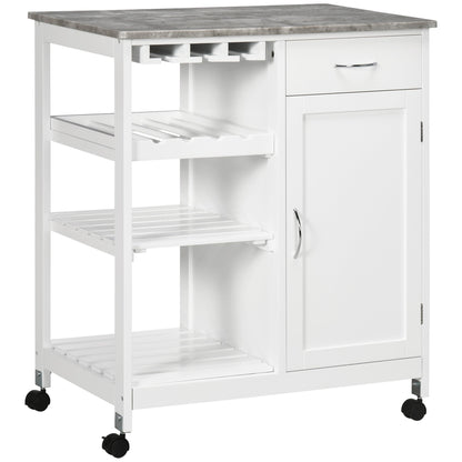 Rolling Kitchen Cart, Bar Cart on Wheels with Wine Rack, Drawer, Open Shelves, Cabinet and Faux Marble Top, Kitchen Island with Storage, White Kitchen Islands & Kitchen Carts White  at Gallery Canada