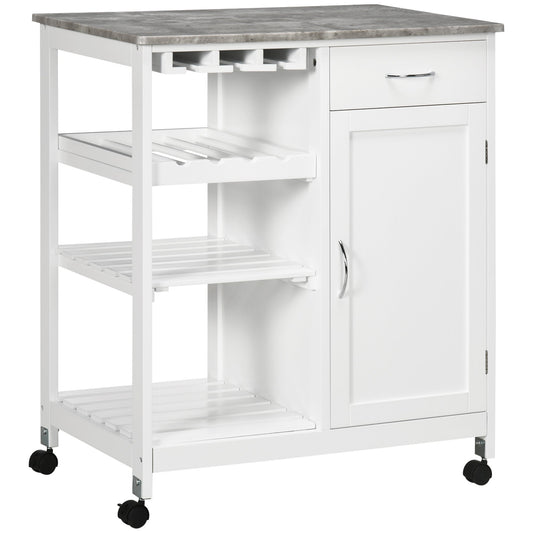 Rolling Kitchen Cart, Bar Cart on Wheels with Wine Rack, Drawer, Open Shelves, Cabinet and Faux Marble Top, Kitchen Island with Storage, White - Gallery Canada