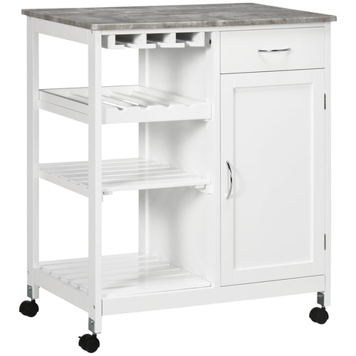 Rolling Kitchen Cart, Bar Cart on Wheels with Wine Rack, Drawer, Open Shelves, Cabinet and Faux Marble Top, Kitchen Island with Storage, White