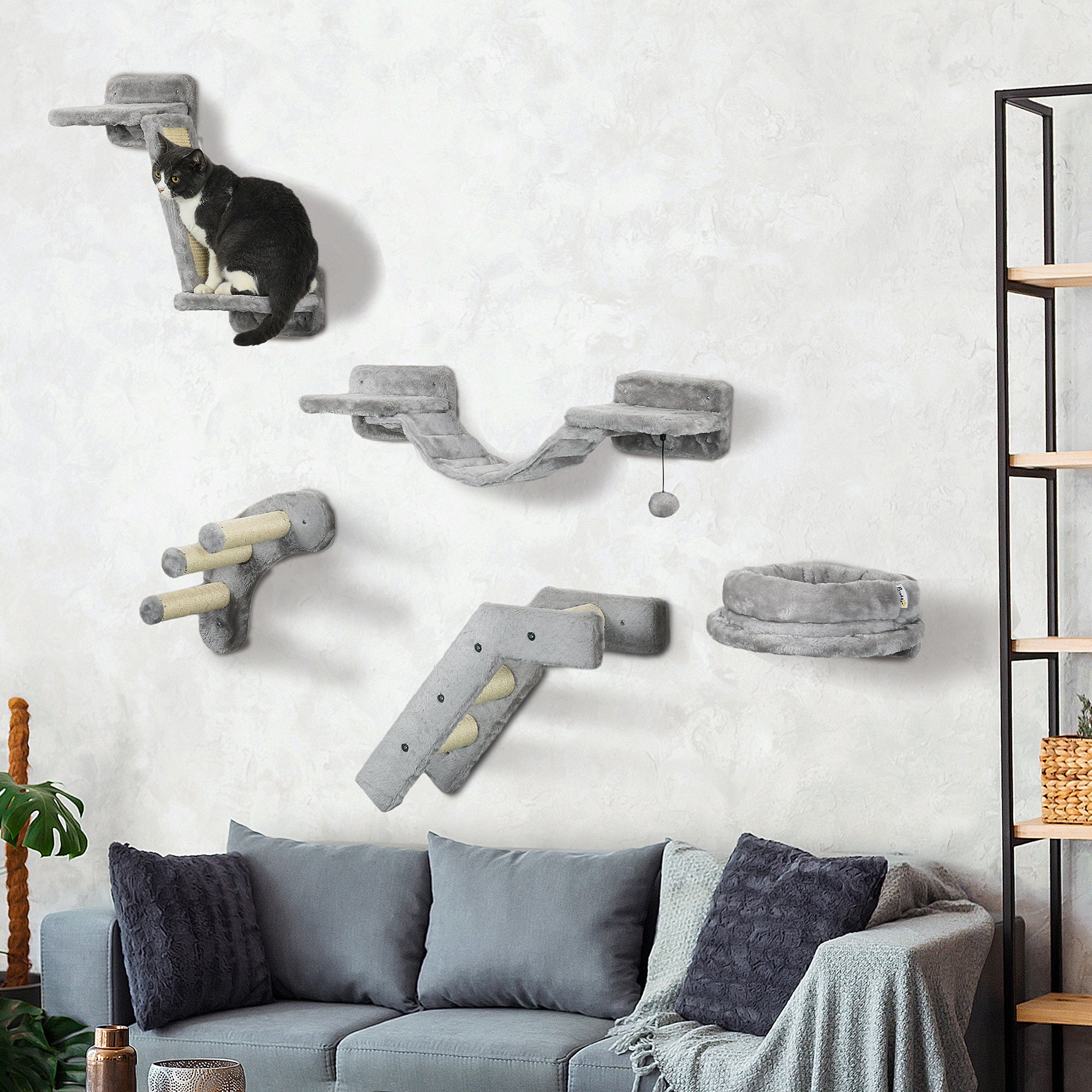 5PCs Cat Wall Shelves with Scratching Post, Ladder, Cat Bed, Jumping Platform, Perches, Toy Ball, Step Cat Climbing Wall   at Gallery Canada