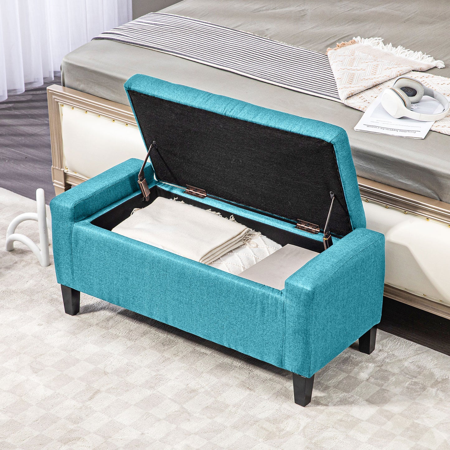 Storage Ottoman Bench, Linen Upholstered Bench with Tufted Design, Green Storage Ottomans & Benches   at Gallery Canada