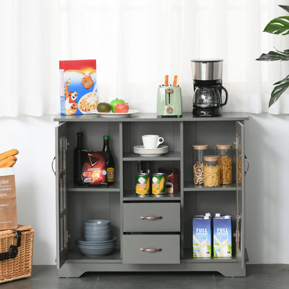 Modern Kitchen Sideboard with 2 Drawers, Coffee Bar Cabinet with Glass Doors Storage Cupboard and Open Shelf, Grey Kitchen Pantry Cabinets   at Gallery Canada