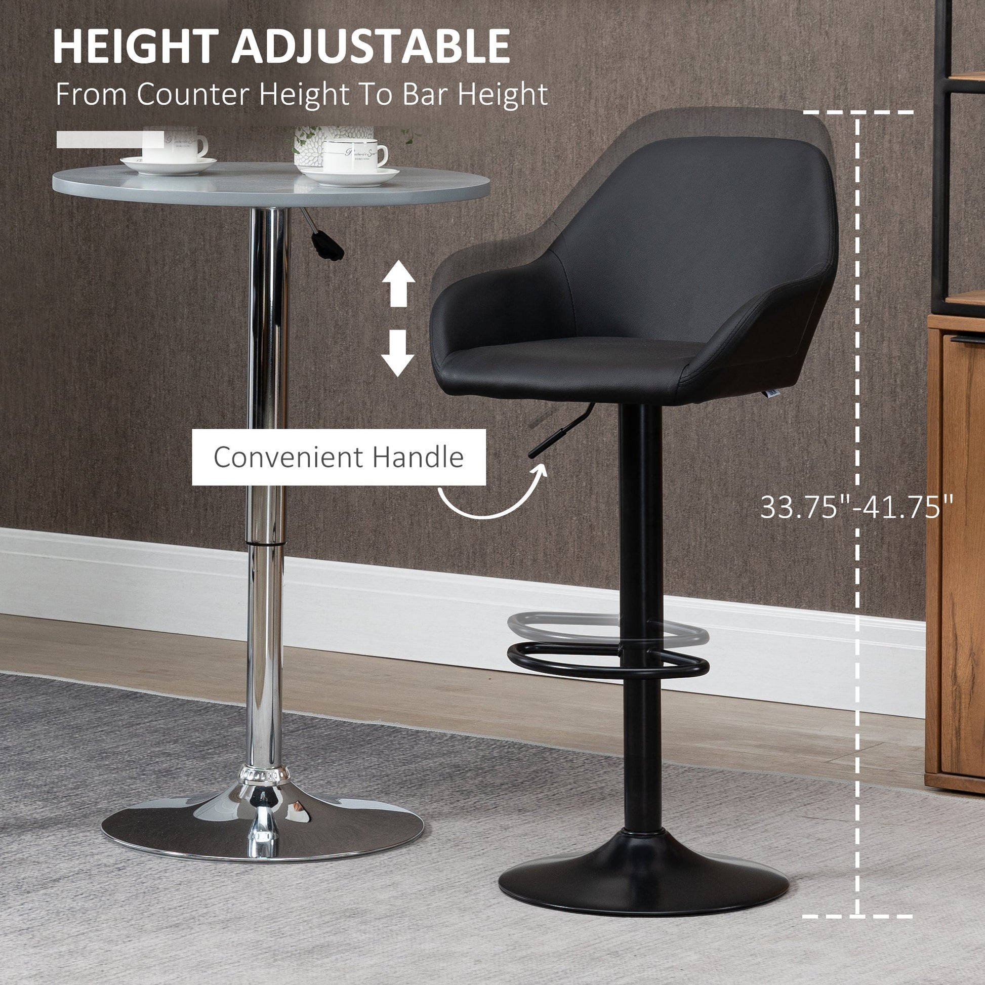 Adjustable Bar Stools Set of 2, Swivel Barstools with Footrest and Back, PU Leather and Steel Round Base, for Kitchen Counter and Dining Room, Black Bar Stools   at Gallery Canada