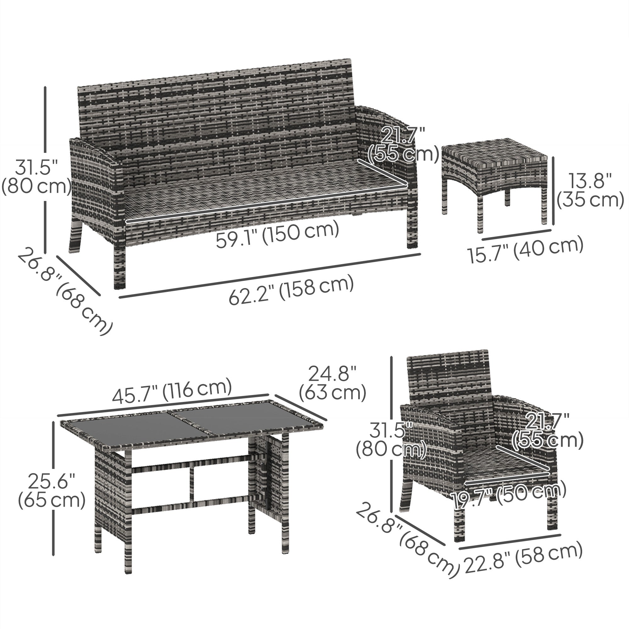 6 Piece Patio Furniture Set with Patio Chairs, Ottomans, Sofa, Glass Top Table and Cushions, Wicker Rattan Outdoor Furniture Set for Backyard, Porch, Navy Blue Patio Furniture Sets at Gallery Canada