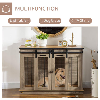 Wooden Dog Crate Furniture with Divider, TV Stand, 2 Rooms, Sliding Doors, Oak Houses, Kennels & Pens   at Gallery Canada