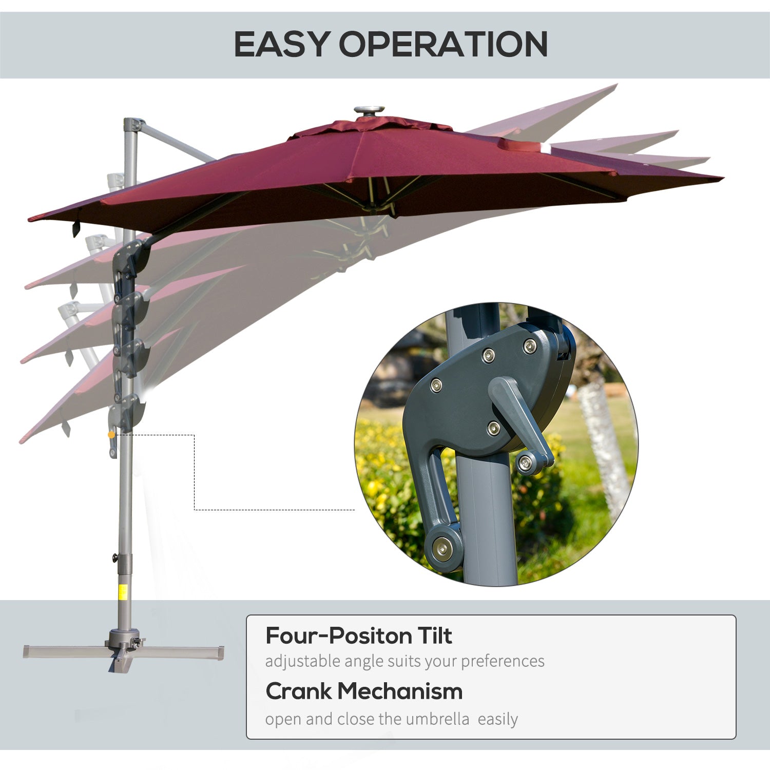 Solar LED Cantilever Sun Umbrella, 360° Rotation, Adjustable Angle, Wine Red Cantilever Umbrellas   at Gallery Canada