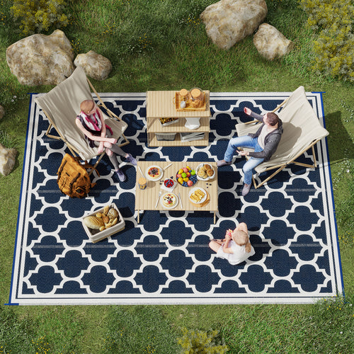 9'x12' Reversible Outdoor RV Rug, Patio Floor Mat, Plastic Straw Rug for Backyard, Deck, Beach, Camping, Dark Blue