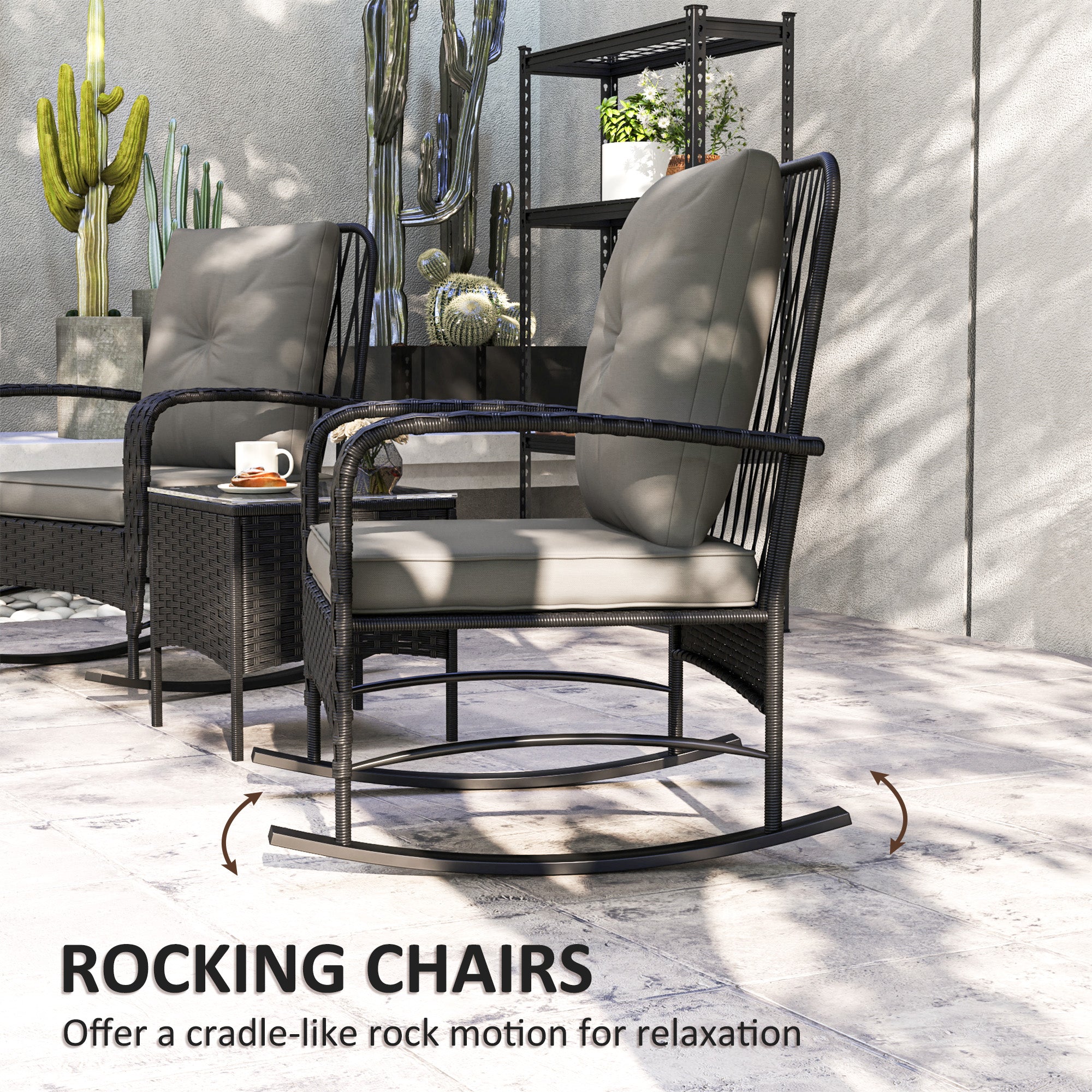 3 Pieces Rattan Bistro Set, Wicker Patio Furniture with Rocking Chairs, Thick Cushions for Porch Balcony, Grey Bistro Sets at Gallery Canada