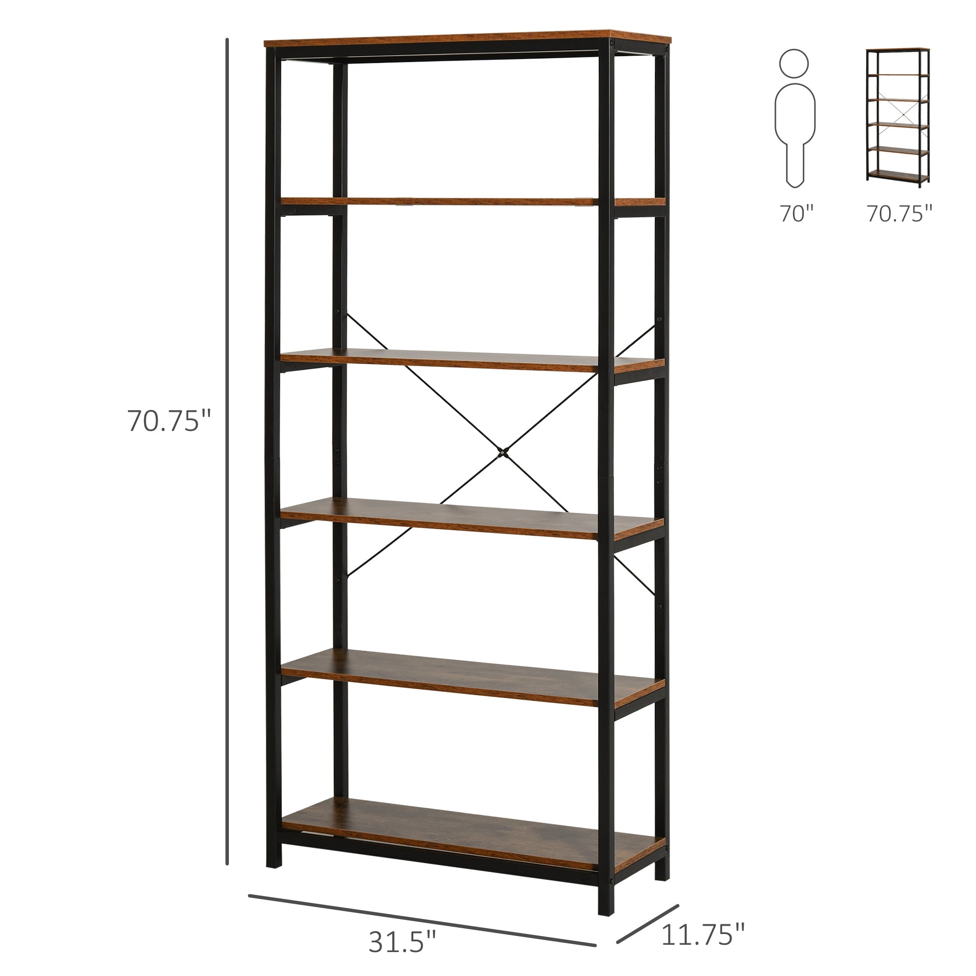 Retro Industrial Bookcase Storage Shelf Closet Floor Standing Display Rack with 6 Tiers, Metal Frame for Living Room &; Study Display Bookshelves   at Gallery Canada