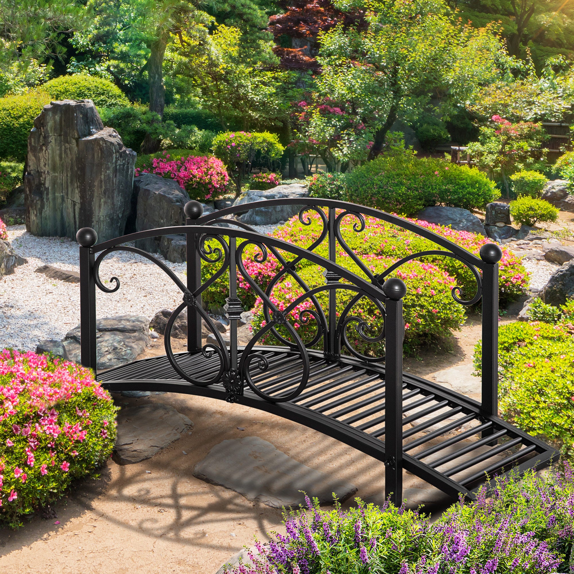 Garden Bridge 3.3FT, Decorative Classic Backyard Pond Bridge with Safety Railings Black Garden Decor at Gallery Canada