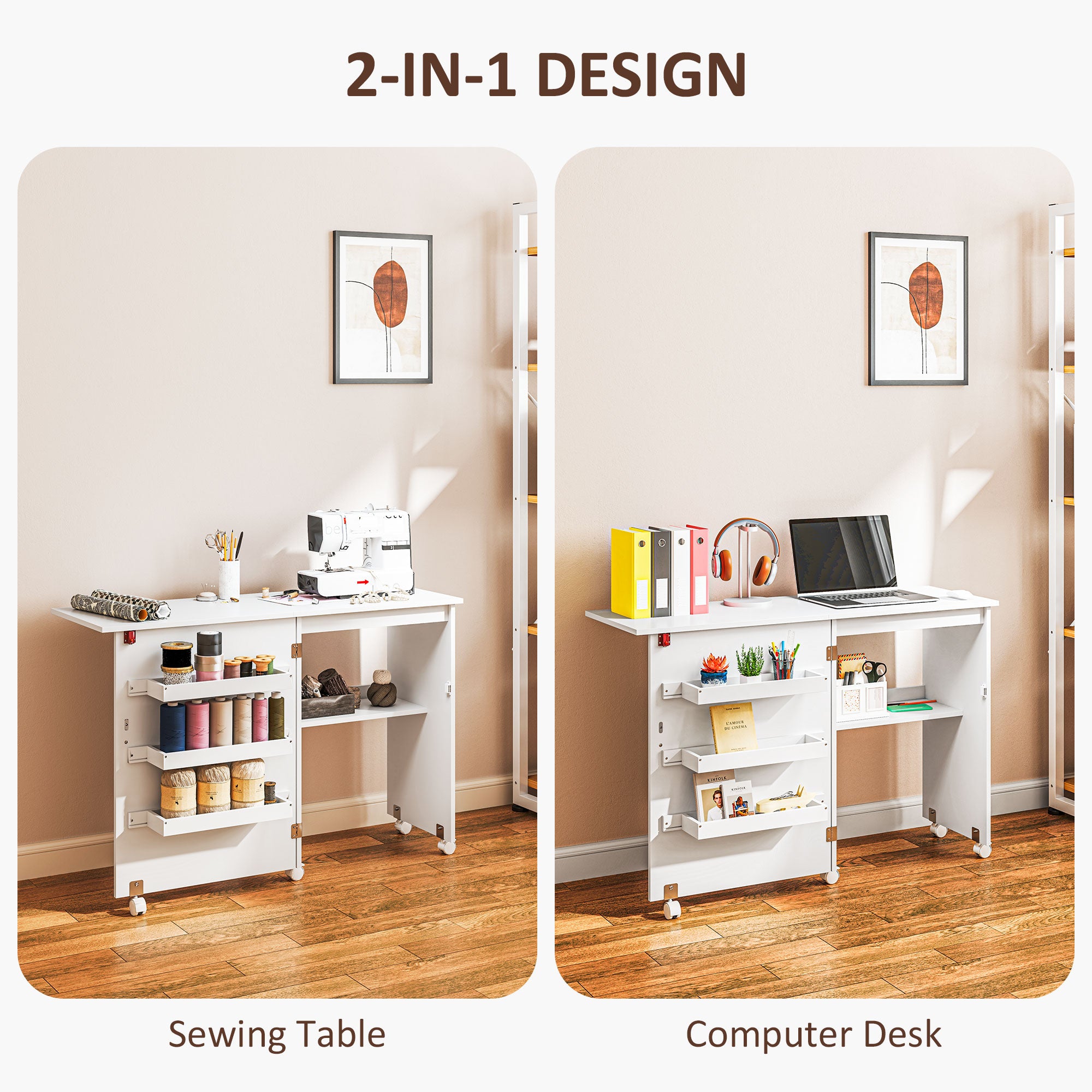 Sewing Machine Cabinet, Folding Sewing Table with Storage Shelf, Bins and Lockable Wheels for Small Space, White Storage Cabinets at Gallery Canada