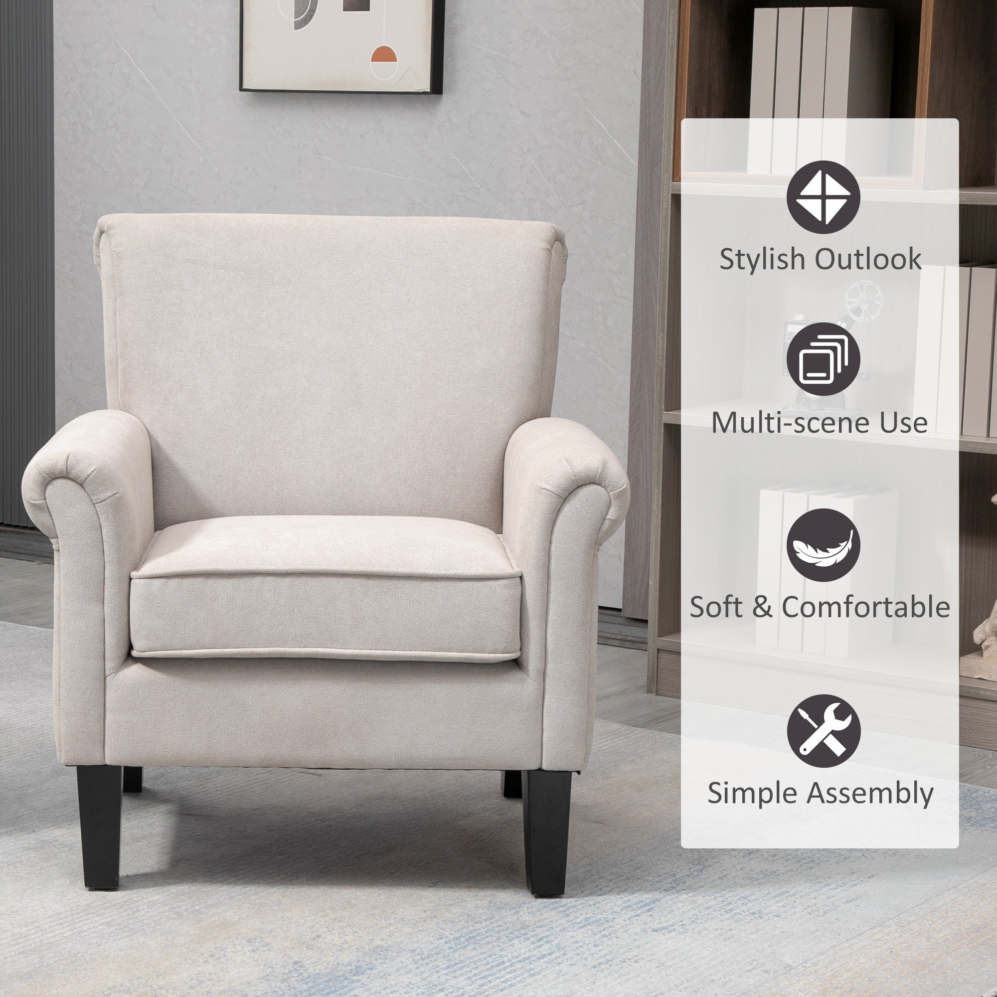 Upholstered Accent Chair, Single Armchair with Soft Velvet Touch Fabric, Rolled Armrest, Grey Single Sofas at Gallery Canada