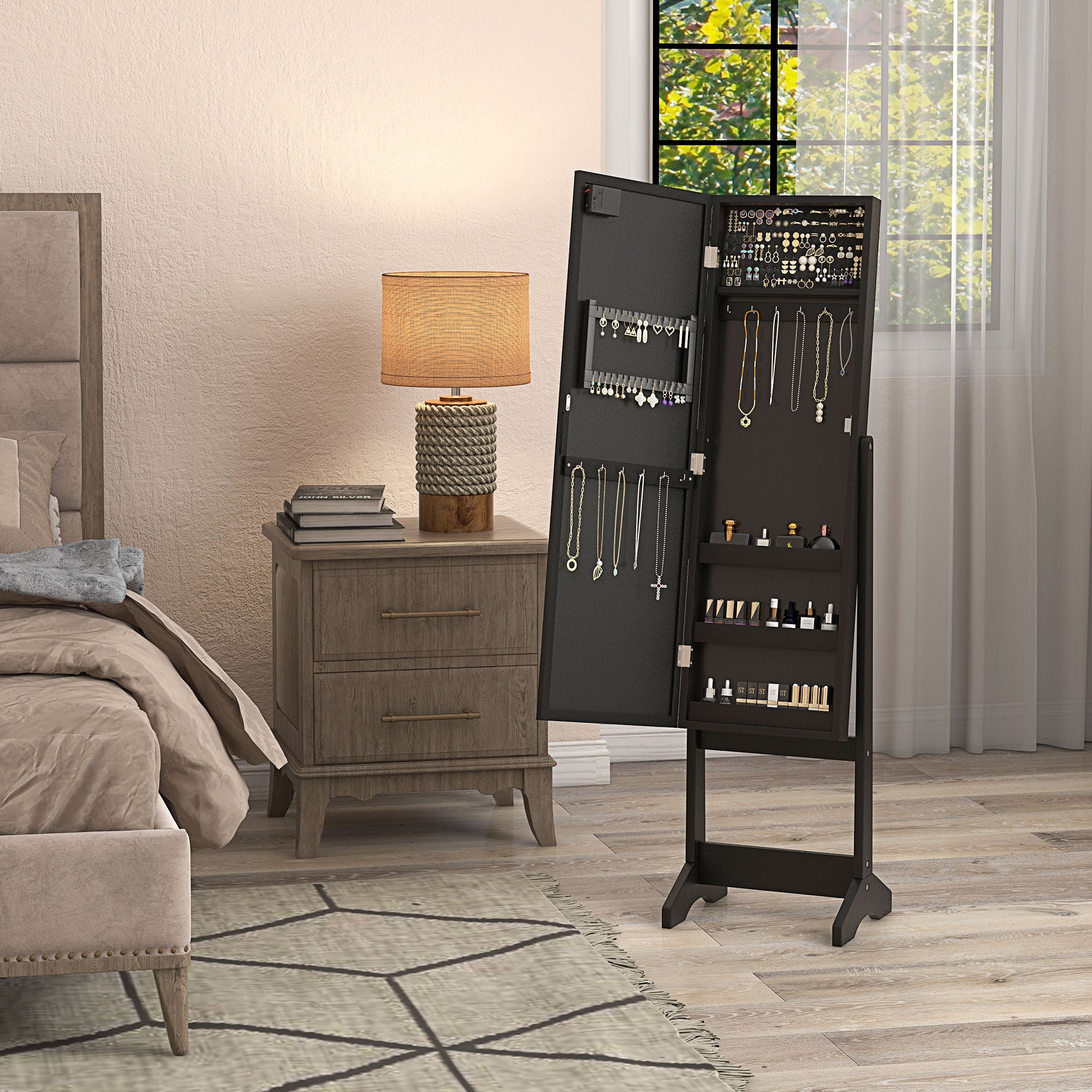 Free Standing Armoire Organizer, Lighted Mirrored Jewelry Cabinet w/ Angle Adjustable &; 16 LED Lights Black Jewelry Armoire & Jewellery Mirror Cabinets at Gallery Canada