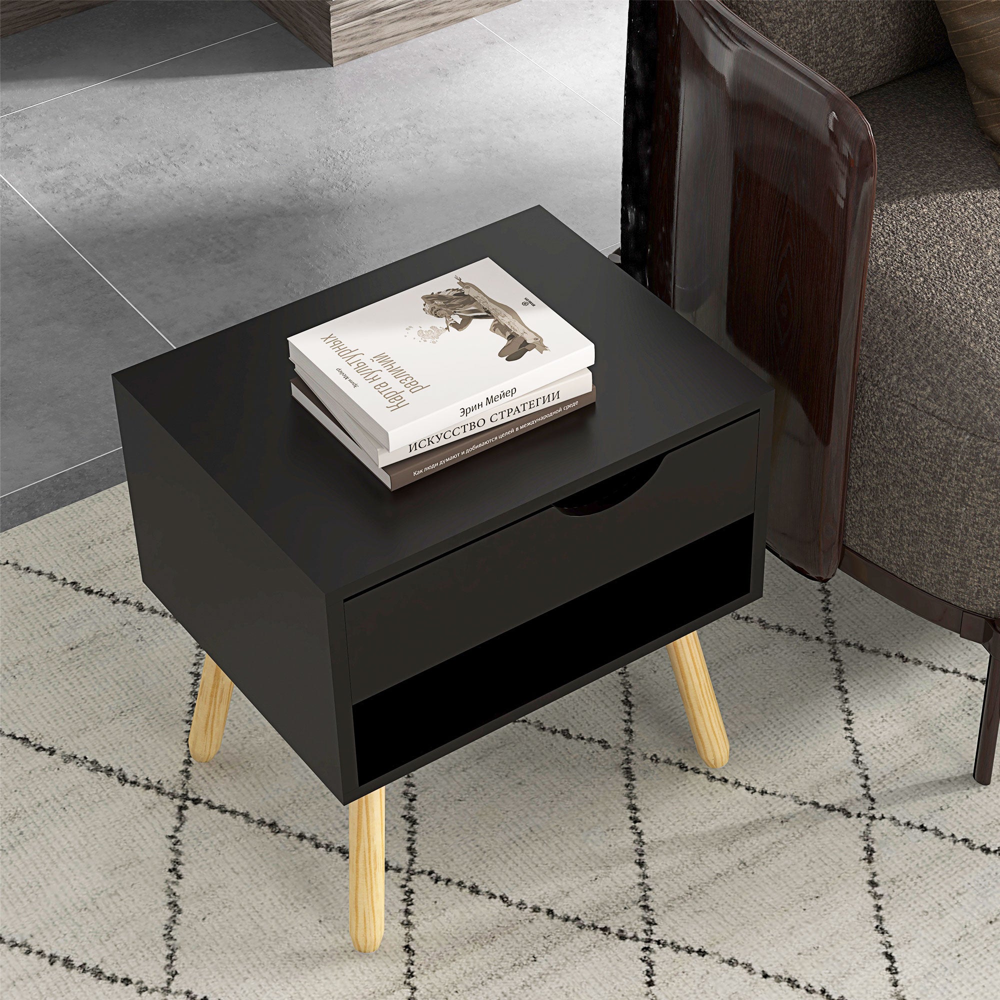 Set of 2 Nightstands with Storage Drawer and Shelf, Modern Bedside Table for Bedroom, Black Bedside Tables at Gallery Canada