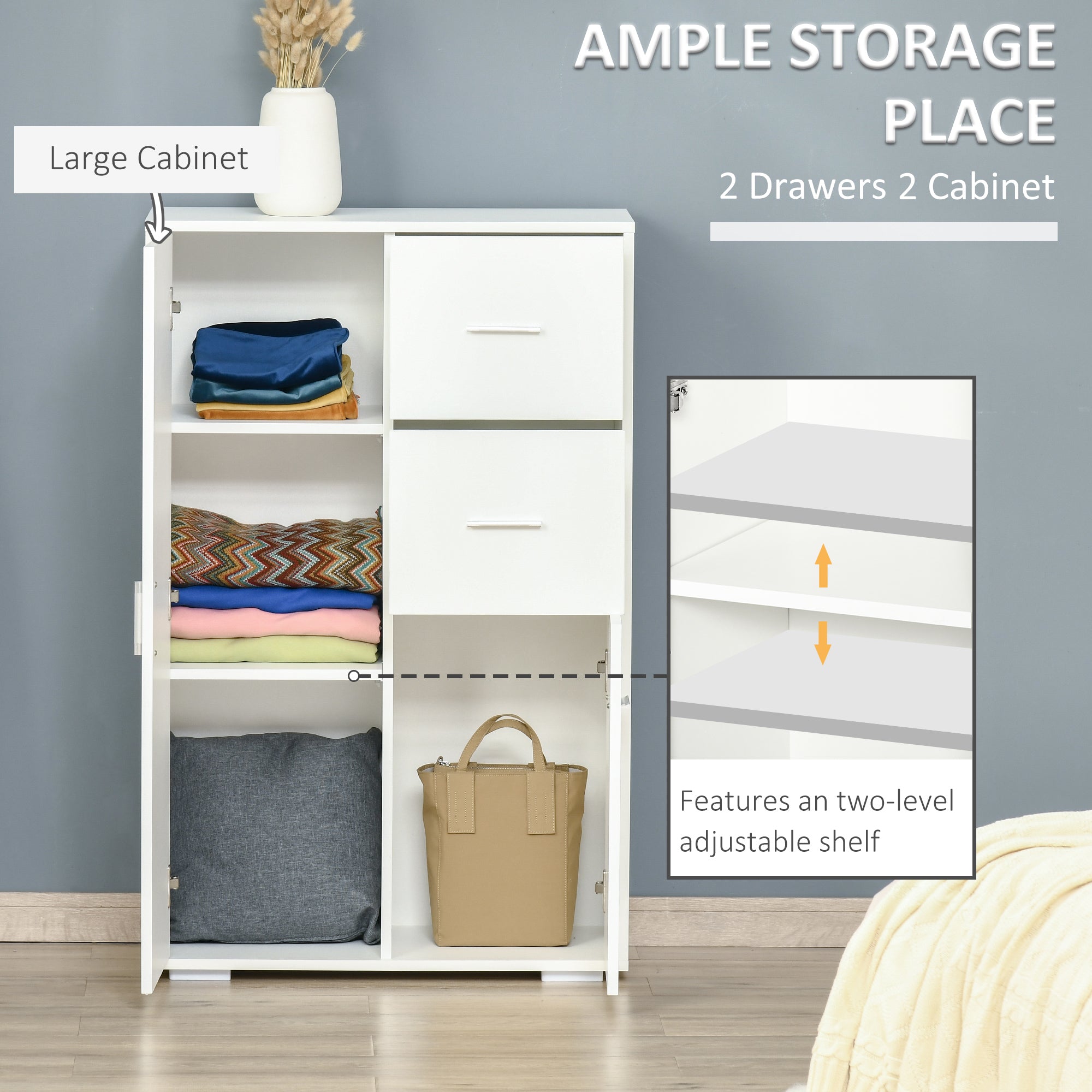 Storage Cabinet with 2 Drawers &; 2 Cabinet Free Standing Cupboard Chest, Sideboard Buffet Table for Living Room, White Storage Cabinets   at Gallery Canada