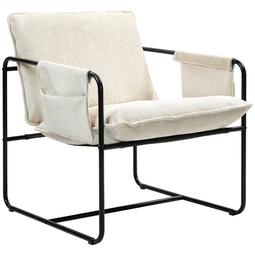 Modern Accent Chair, Upholstered Armchair with Side Pockets and Steel Frame, Comfy Reading Chair for Bedroom, Beige