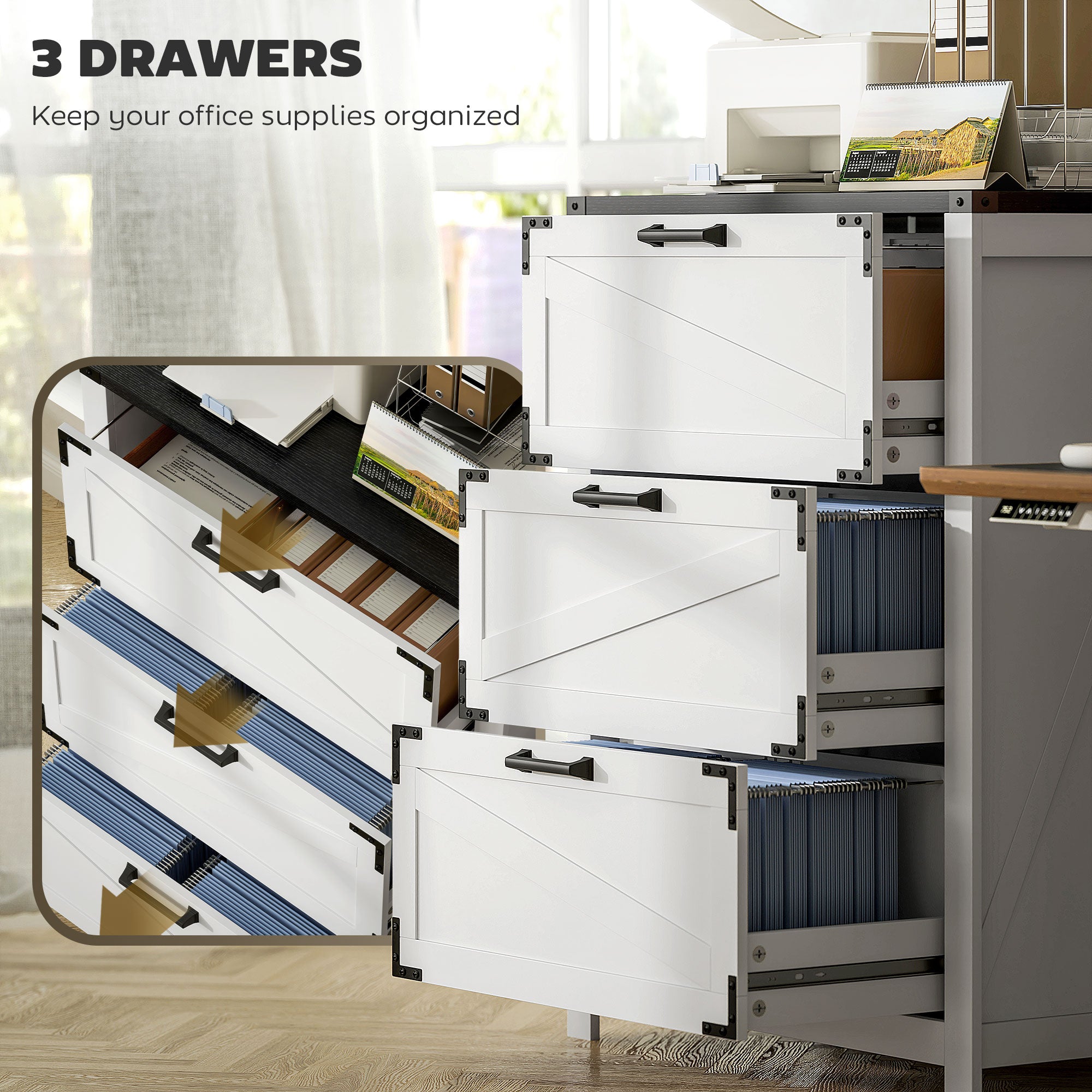 3 Drawer Filing Cabinet, Farmhouse Office Storage Cabinet with Adjustable Hanging Bars for Letter, A4, Legal Size, White Office Cabinets & Cupboards at Gallery Canada