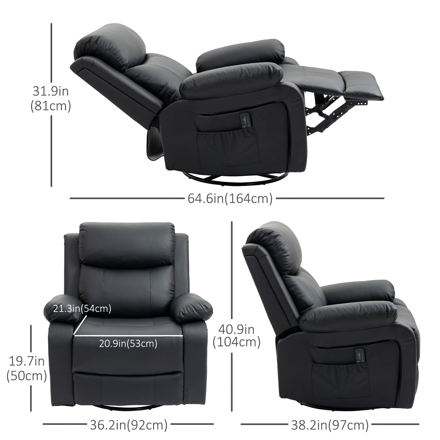 PU Leather Reclining Chair with Vibration Massage Recliner, Swivel Base, Rocking Function, Remote Control, Black Single Sofas Black  at Gallery Canada