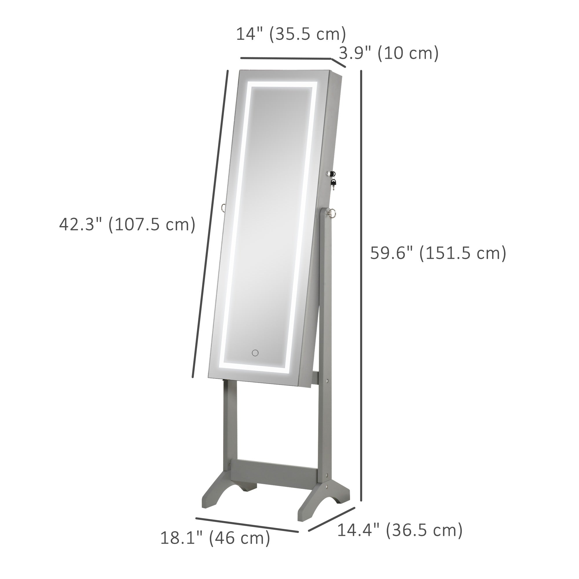 Lockable Jewelry Armoire with LED Light, Standing Mirror with Storage for Bedroom Dressing Room, Grey Jewelry Armoire & Jewellery Mirror Cabinets   at Gallery Canada