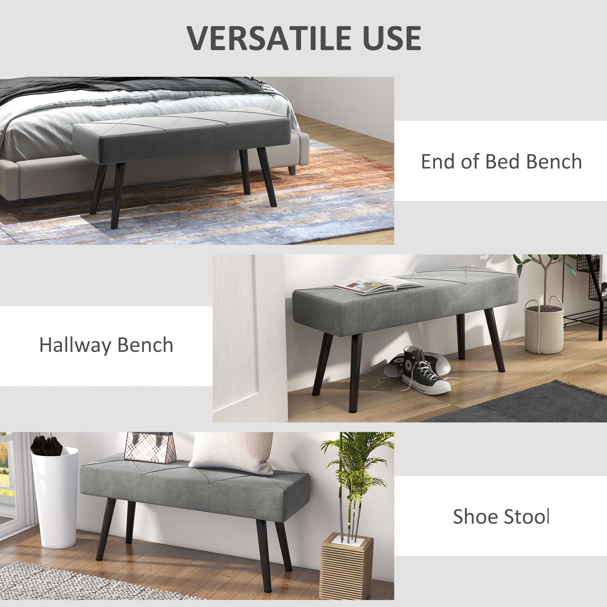 39 Inches Upholstered Bedroom Bench, Modern End of Bed Bench with Steel Legs, Grey Storage Ottomans & Benches   at Gallery Canada