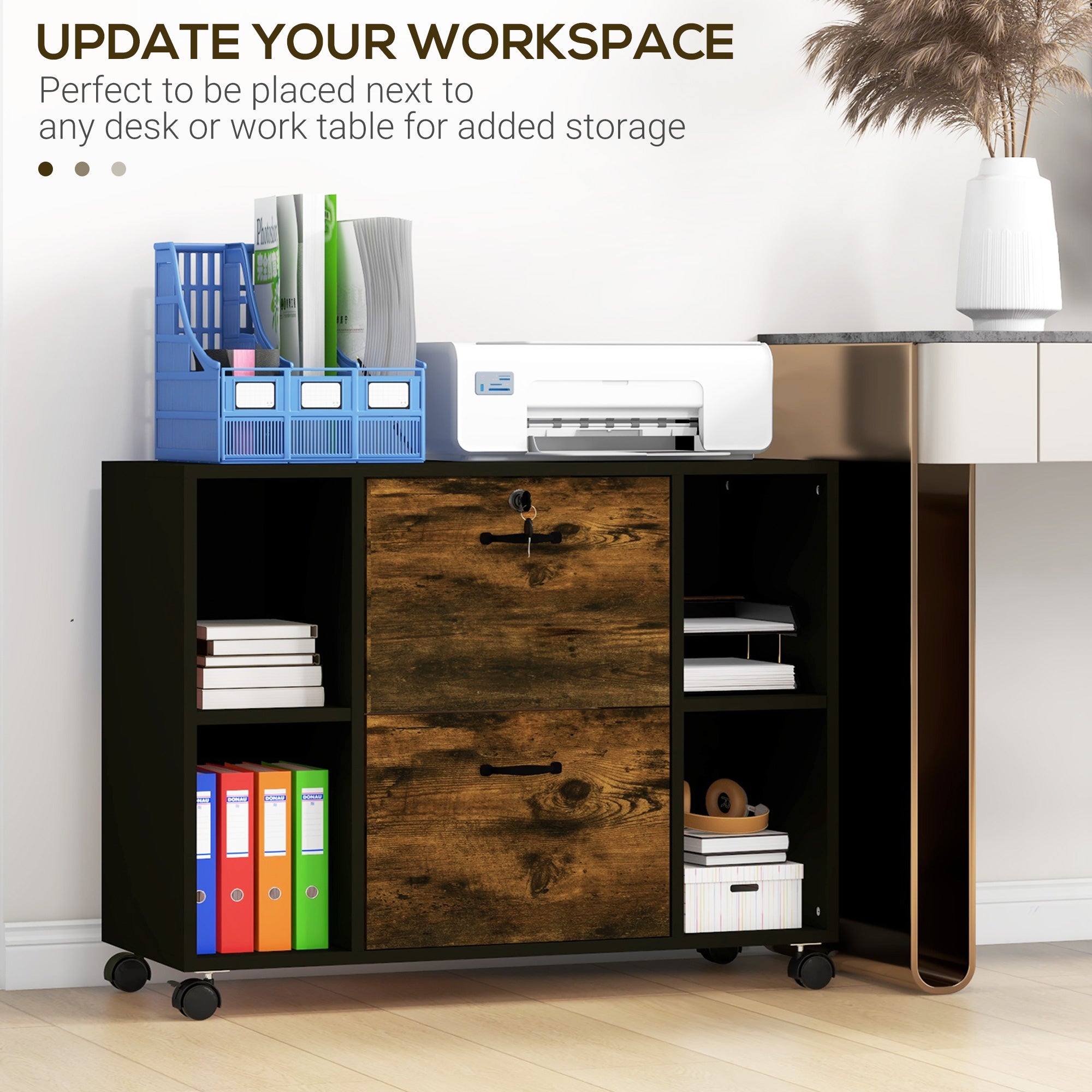 Lateral Filing Cabinet with Wheels and Lockable Drawer, File Cabinet, Mobile Printer Stand with Open Shelves for Letter and A4 Size Documents, Rustic Brown Office Cabinets & Cupboards at Gallery Canada