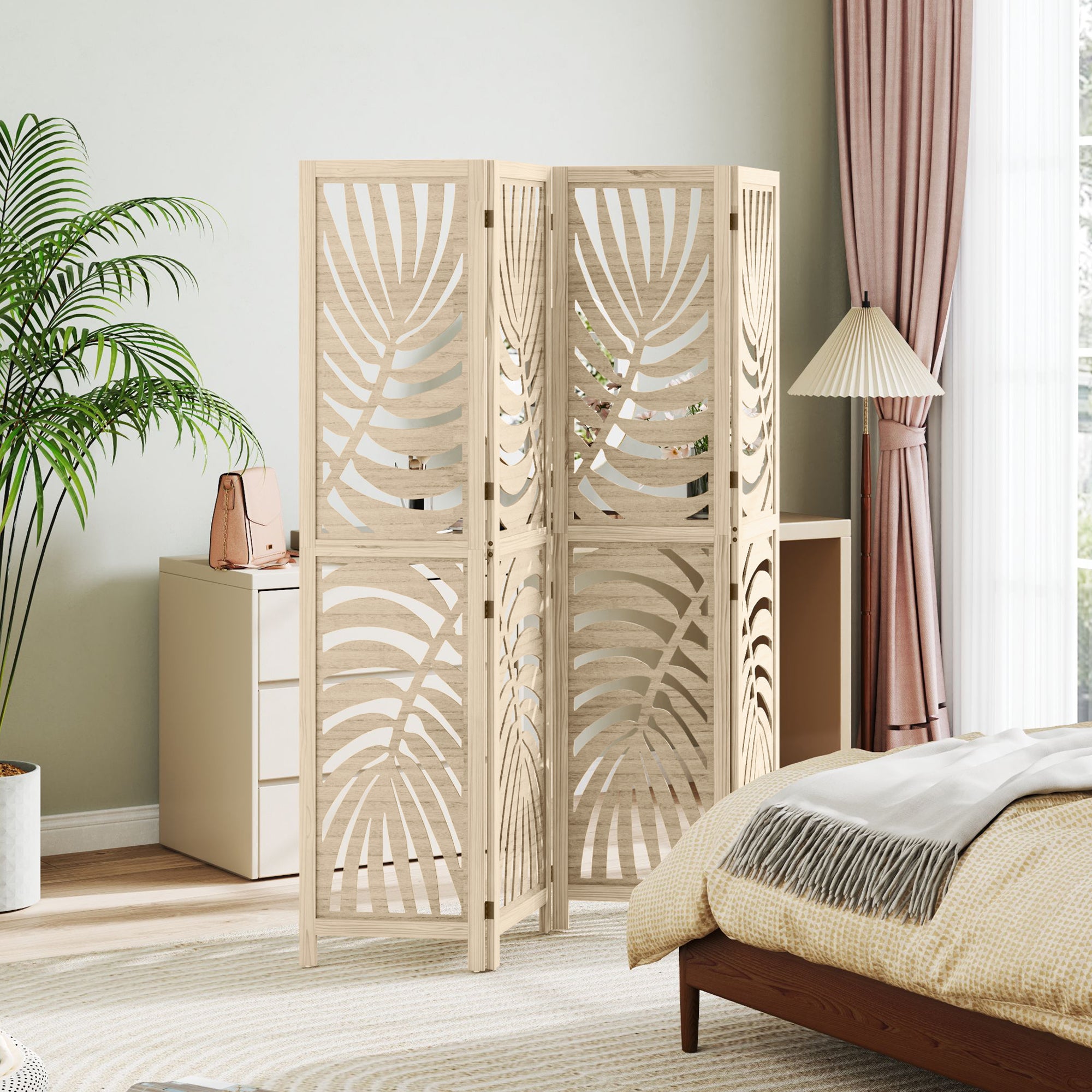 4 Panel Room Divider, Detachable Folding Privacy Screens with Palm Leaf Design for Home Office, Natural Wood Finish Room Dividers at Gallery Canada