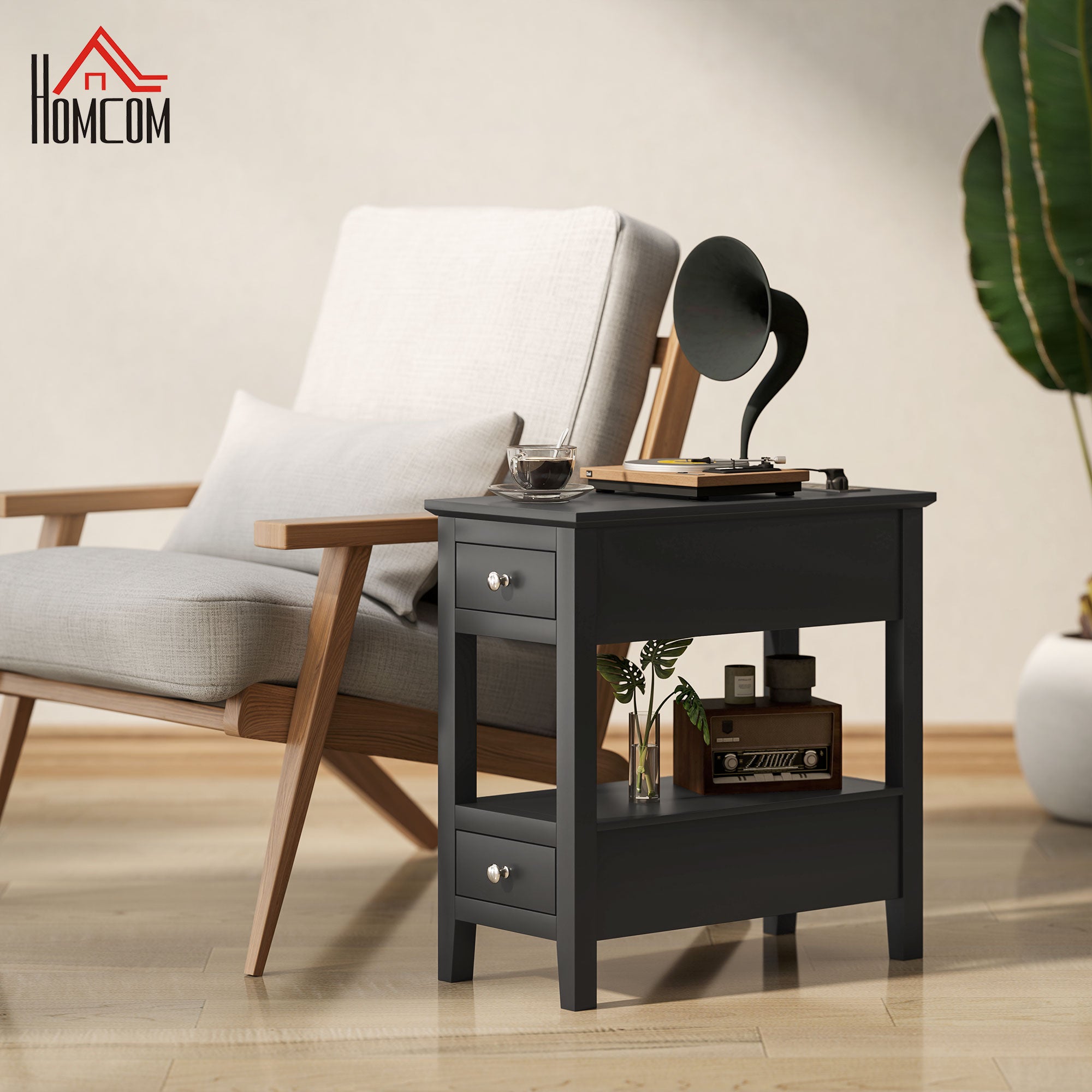 Narrow Side Table with Charging Station, USB Ports, Modern End Table with Storage Shelf, Drawers for Living Room, Black Side Tables Black  at Gallery Canada