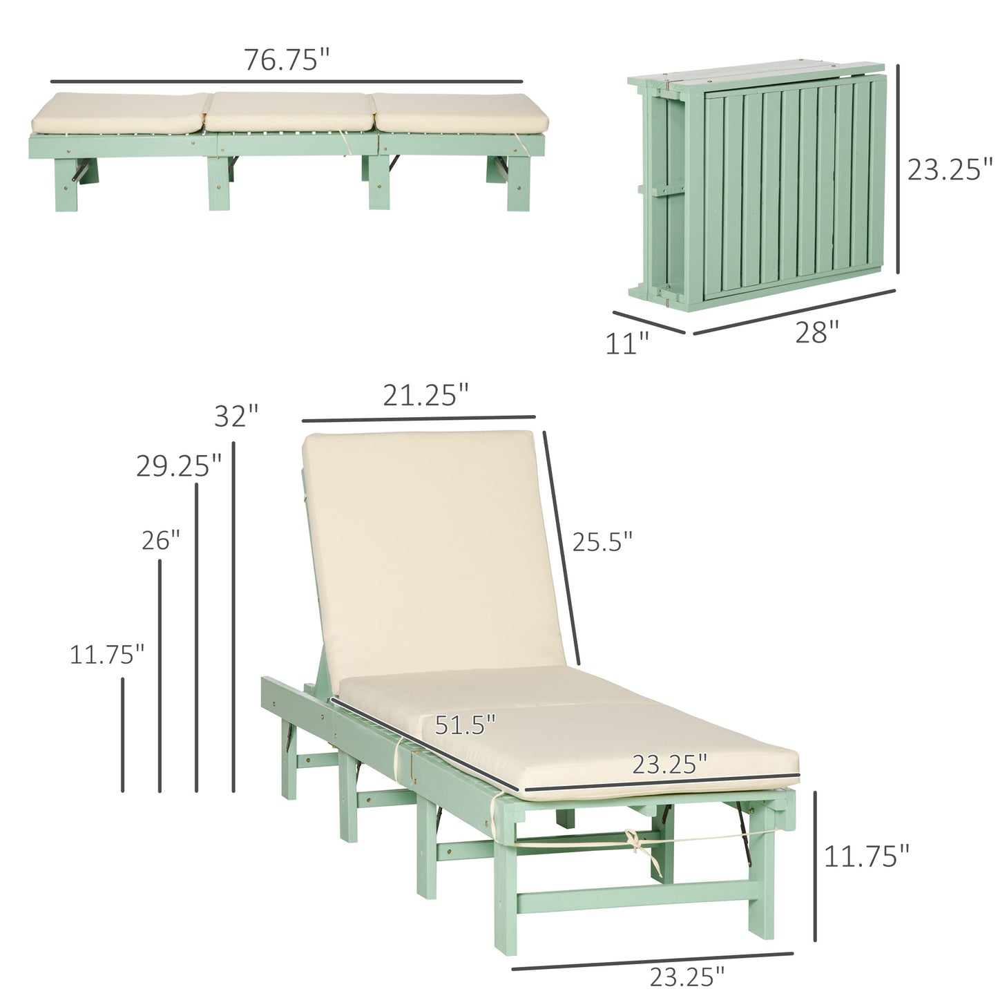 Wooden Folding Chaise Lounge, Outdoor Chaise Lounge Chair, Garden Reclining Tanning Chair with 4 Adjustable Back Soft Cushions, Green Chaise Loungers   at Gallery Canada