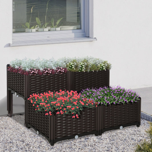 4 Piece Raised Garden Bed PP Raised Flower Bed Vegetable Herb Grow Box Stand Brown - Gallery Canada