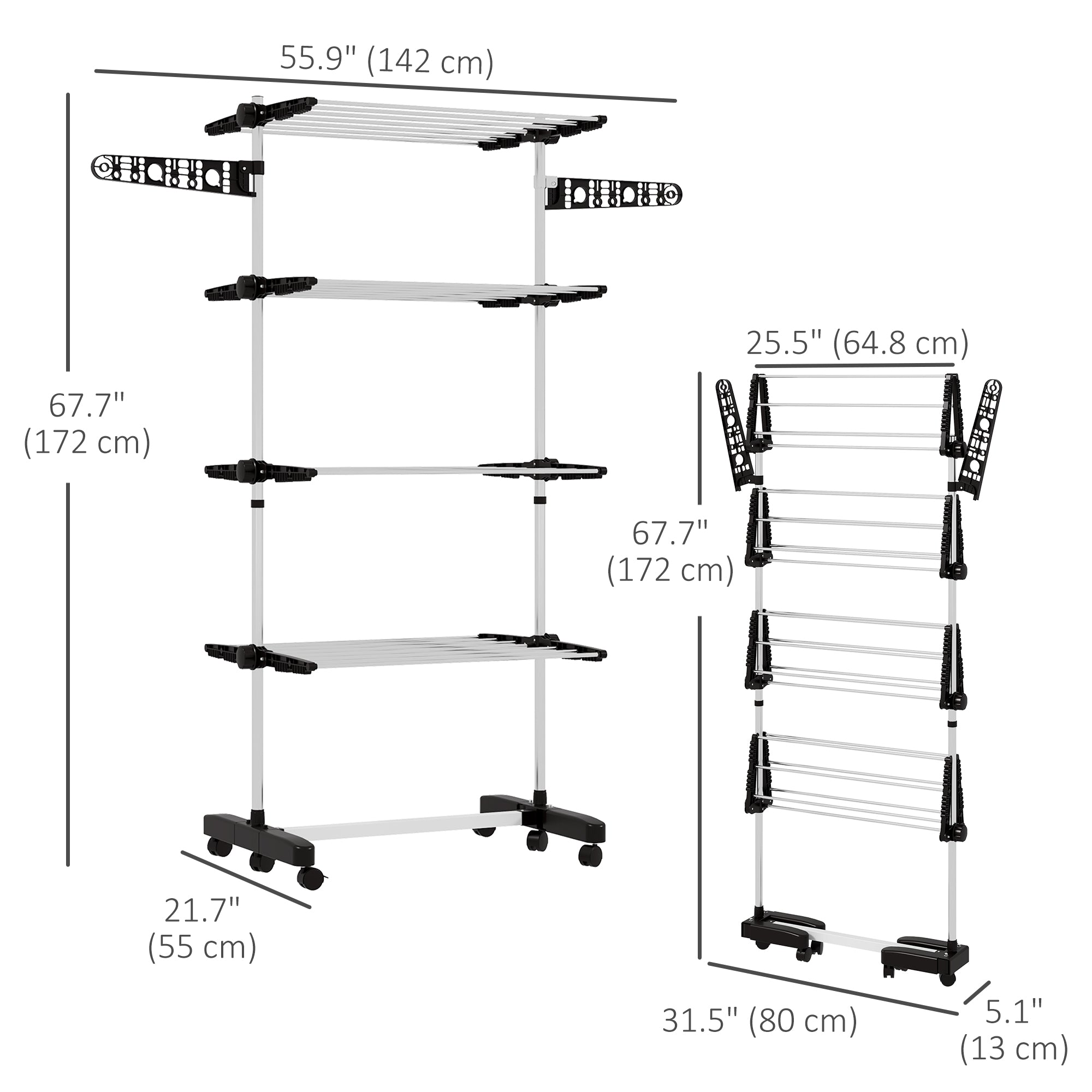 Garment Drying Rack Stainless Steel Folding Clothes Hanging Rack with Side Wings Castors for Indoor Outdoor Black Bath Accessories   at Gallery Canada