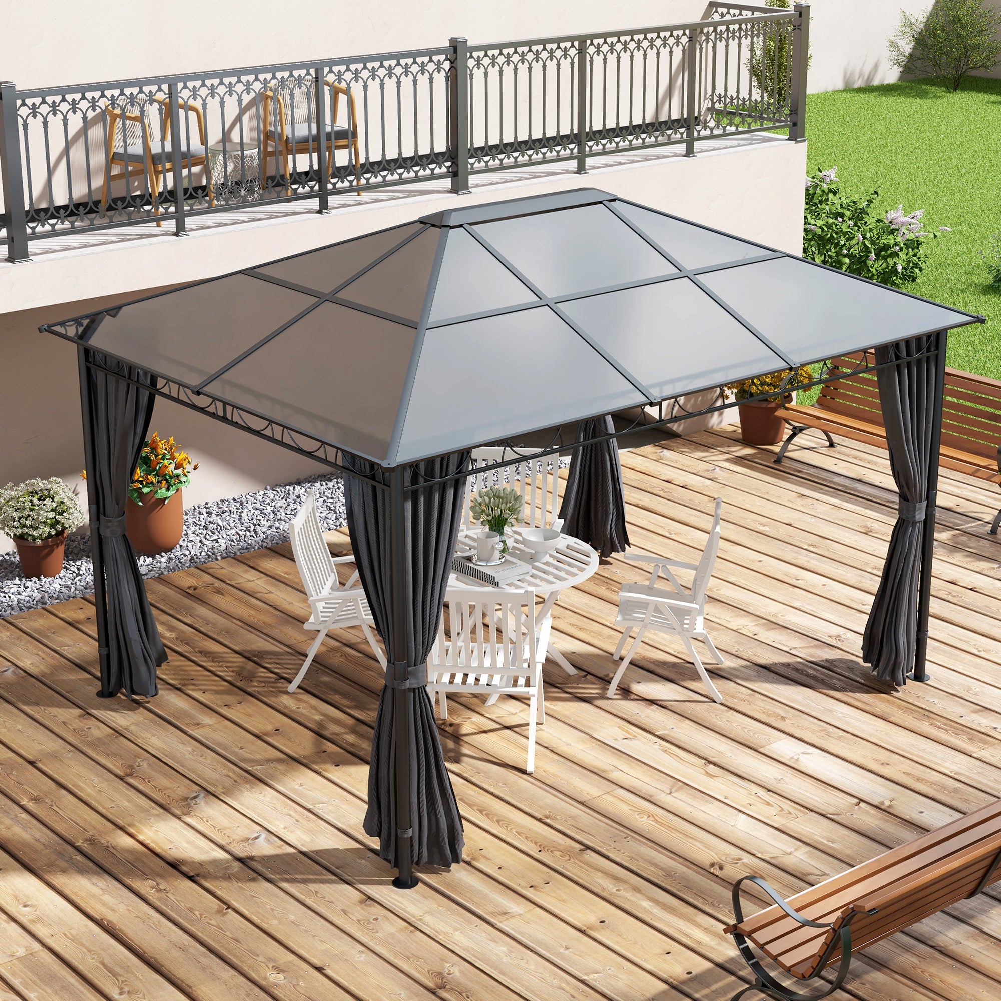 13' x 10' Polycarbonate Hardtop Gazebo Canopy, Outdoor Patio Gazebo with Aluminum Frame &; Curtains, Dark Grey Gazebos at Gallery Canada