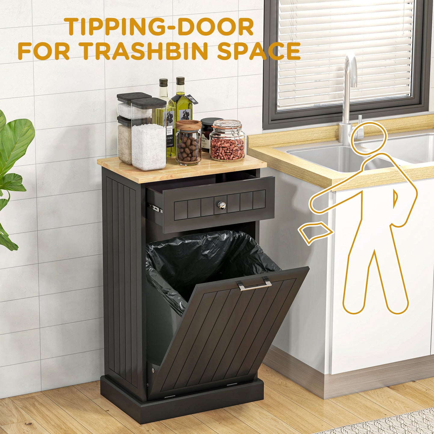 Kitchen Tilt Out Trash Bin Cabinet, Free Standing Recycling Cabinet, Trash Can Holder with Drawer, Black Storage Cabinets   at Gallery Canada