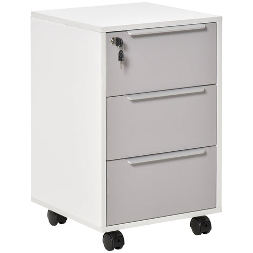 Vertical Filing Cabinet with Lock, 3 Drawer File Cabinet with Wheels, Home Office Organizer, White and Grey