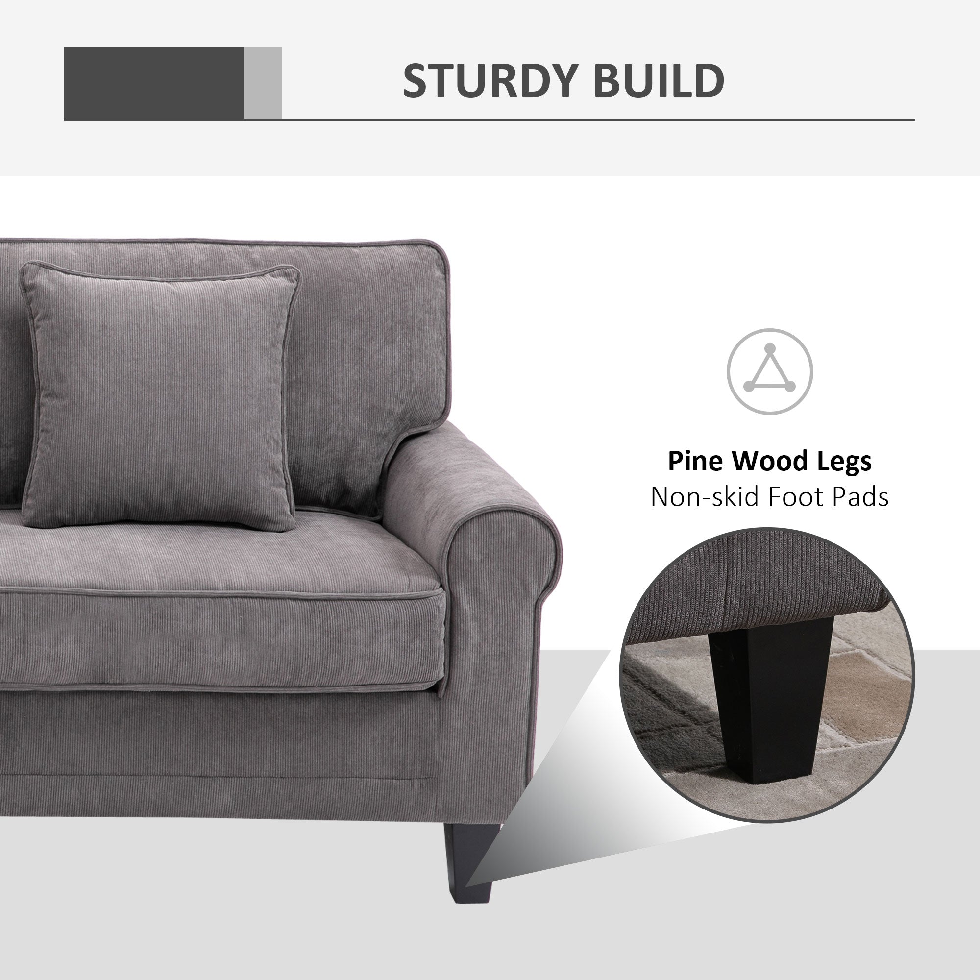 Modern 3 Seater Sofa, Corduroy Fabric 3 Seater Couch with Pine Wood Legs and Rolled Armrests for Living Room, Light Grey 3-Seater Sofas at Gallery Canada